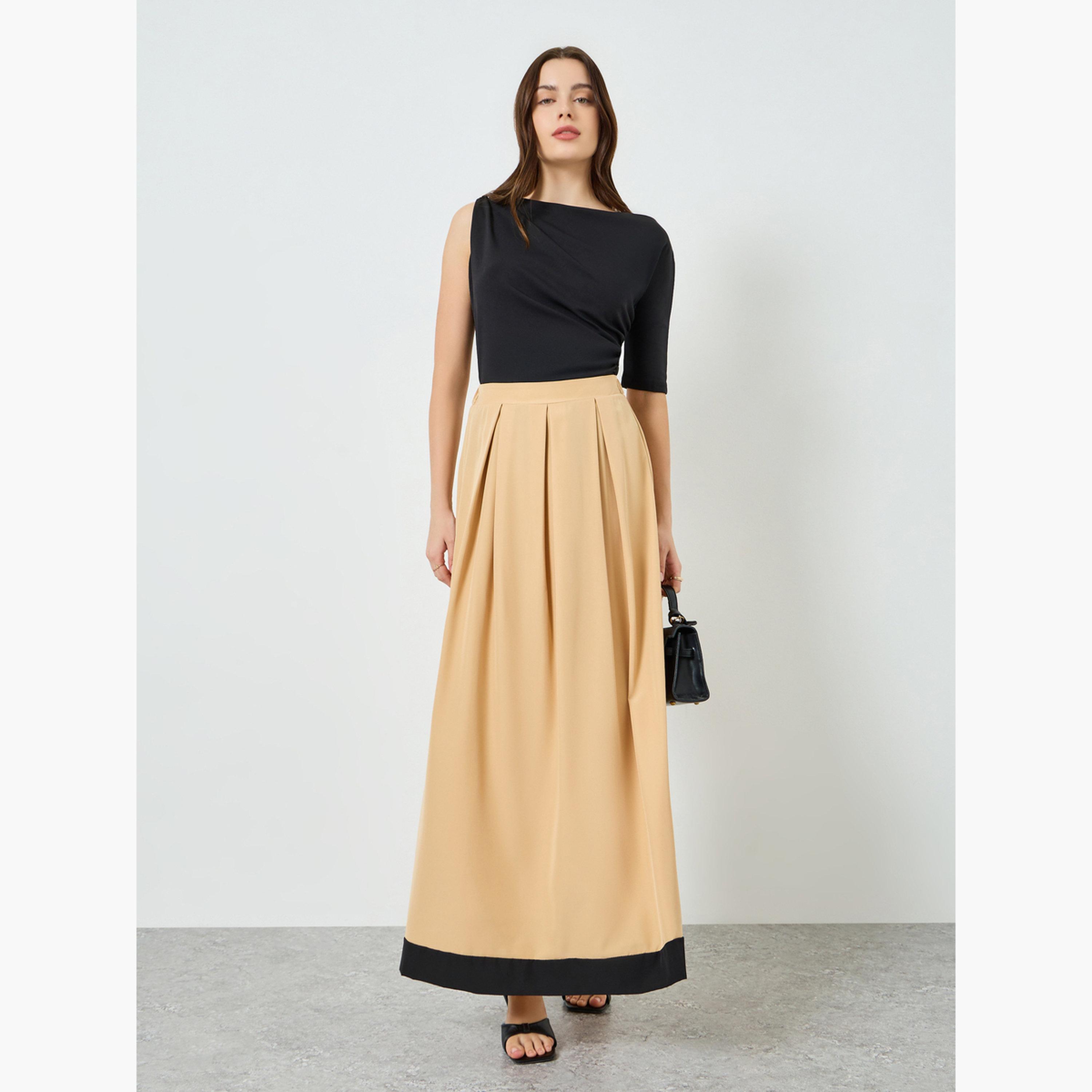 Styli Women Beige Ruffled Hem Pleated Maxi Skirt-women-clothing-bottoms-skirts-image-2