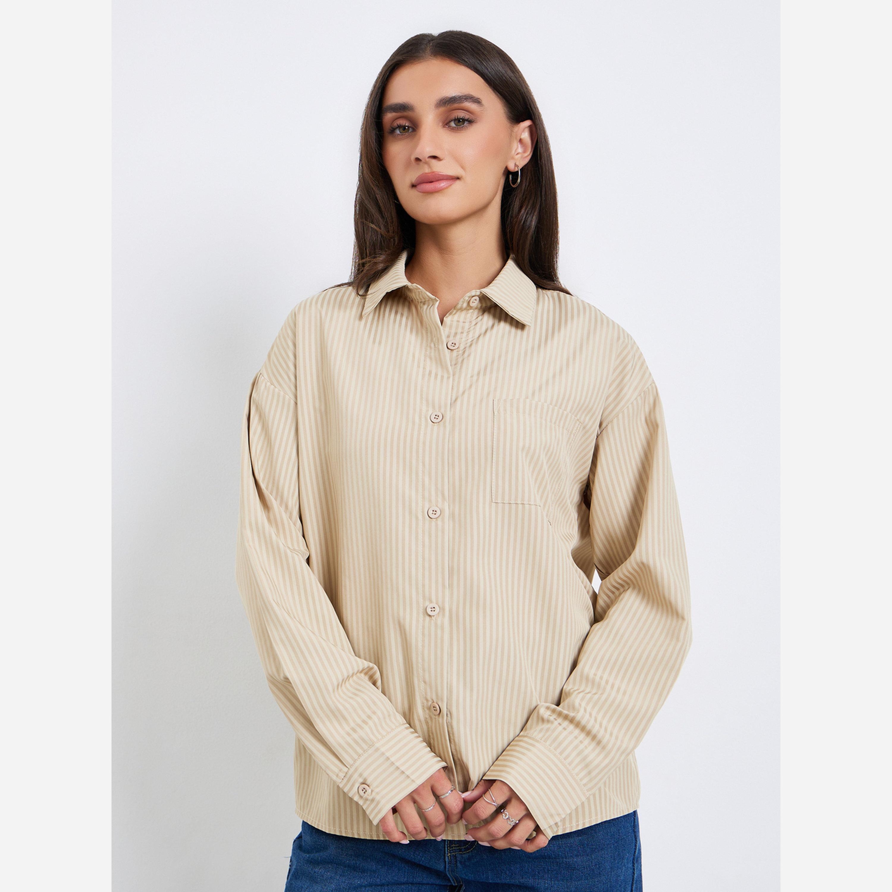 ستايلي - قميص مقاس واسع أكمام طويلة قماش مخطط-women-clothing-shirtsandblouses-shirts-image-1