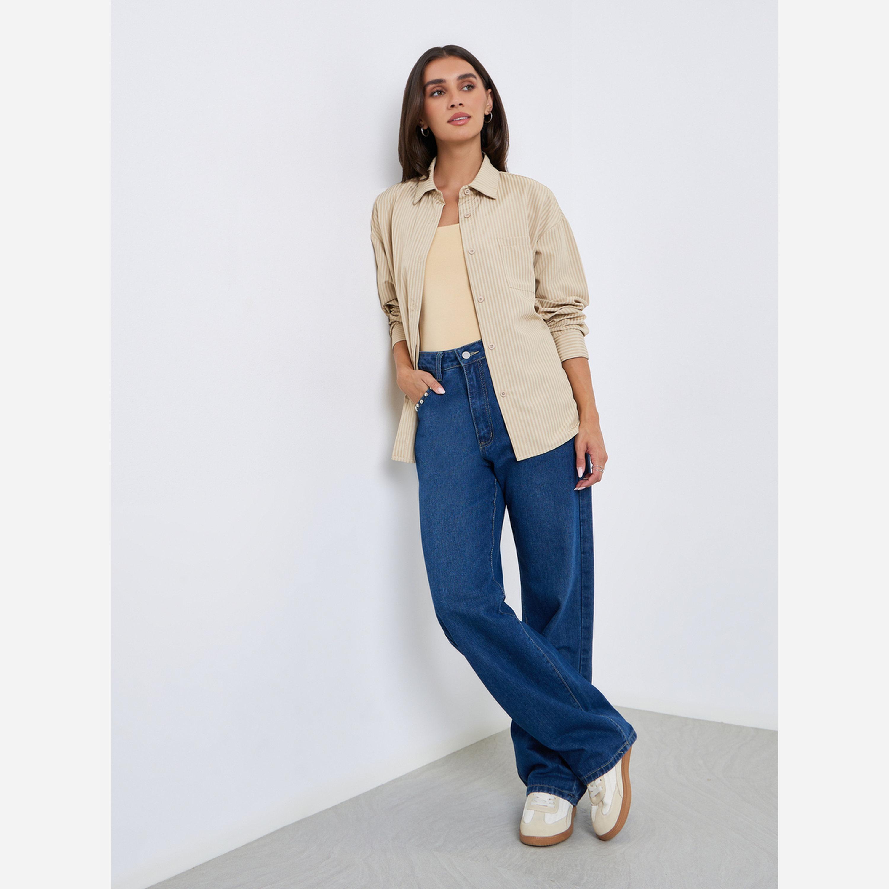 ستايلي - قميص مقاس واسع أكمام طويلة قماش مخطط-women-clothing-shirtsandblouses-shirts-image-2