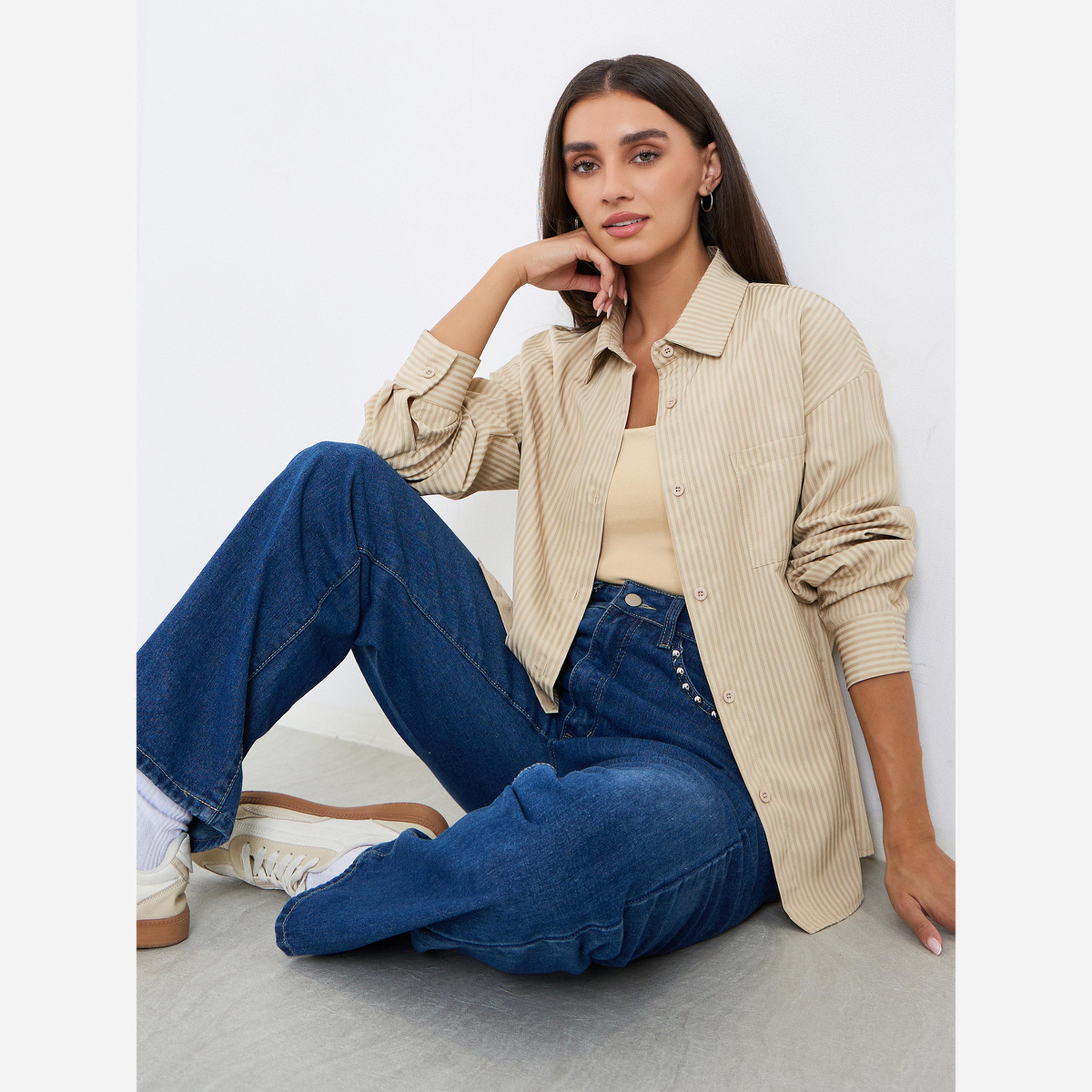 ستايلي - قميص مقاس واسع أكمام طويلة قماش مخطط-women-clothing-shirtsandblouses-shirts-image-3