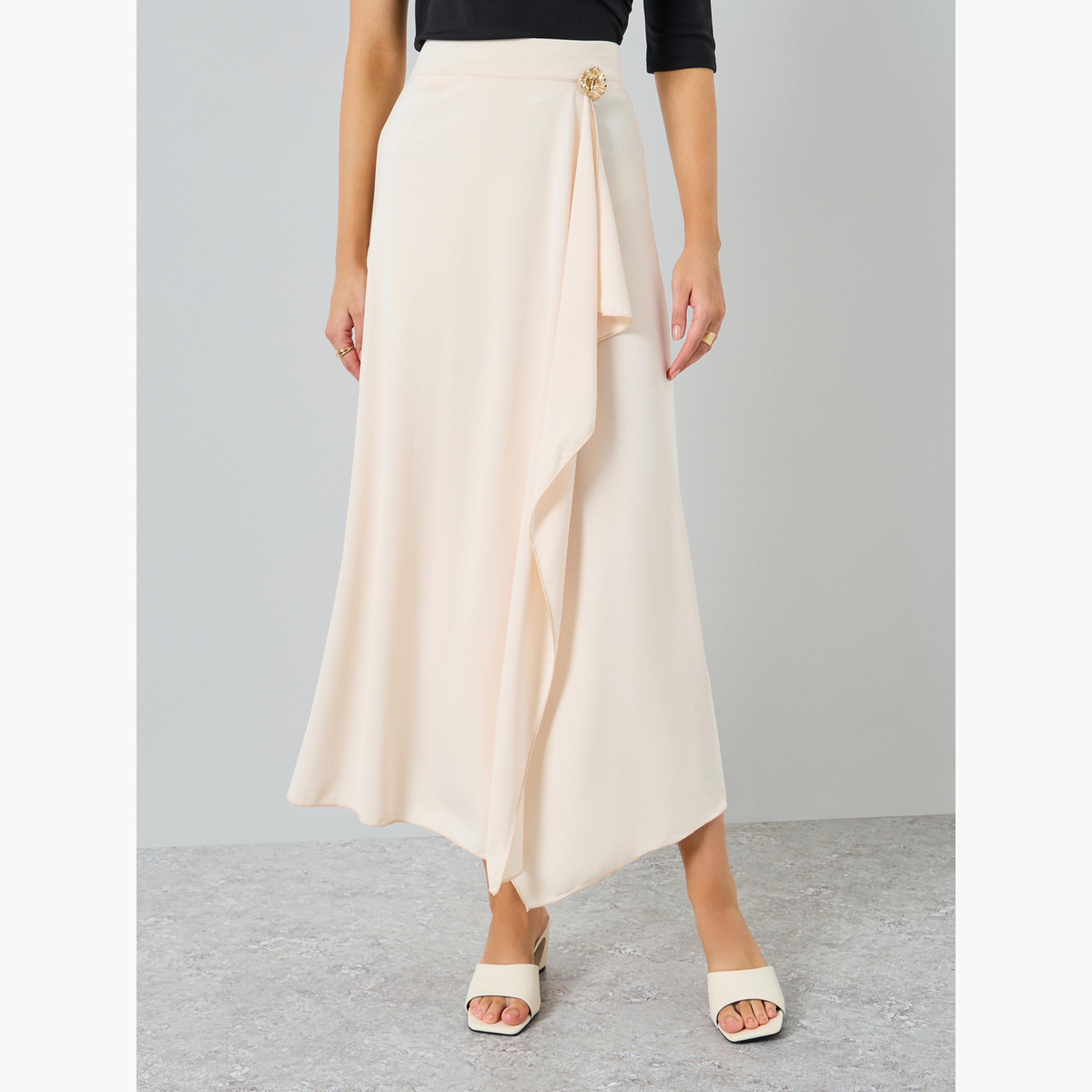 Styli Women Beige Solid Wrap Midi Skirt with Metallic Accents-women-clothing-bottoms-skirts-image-1