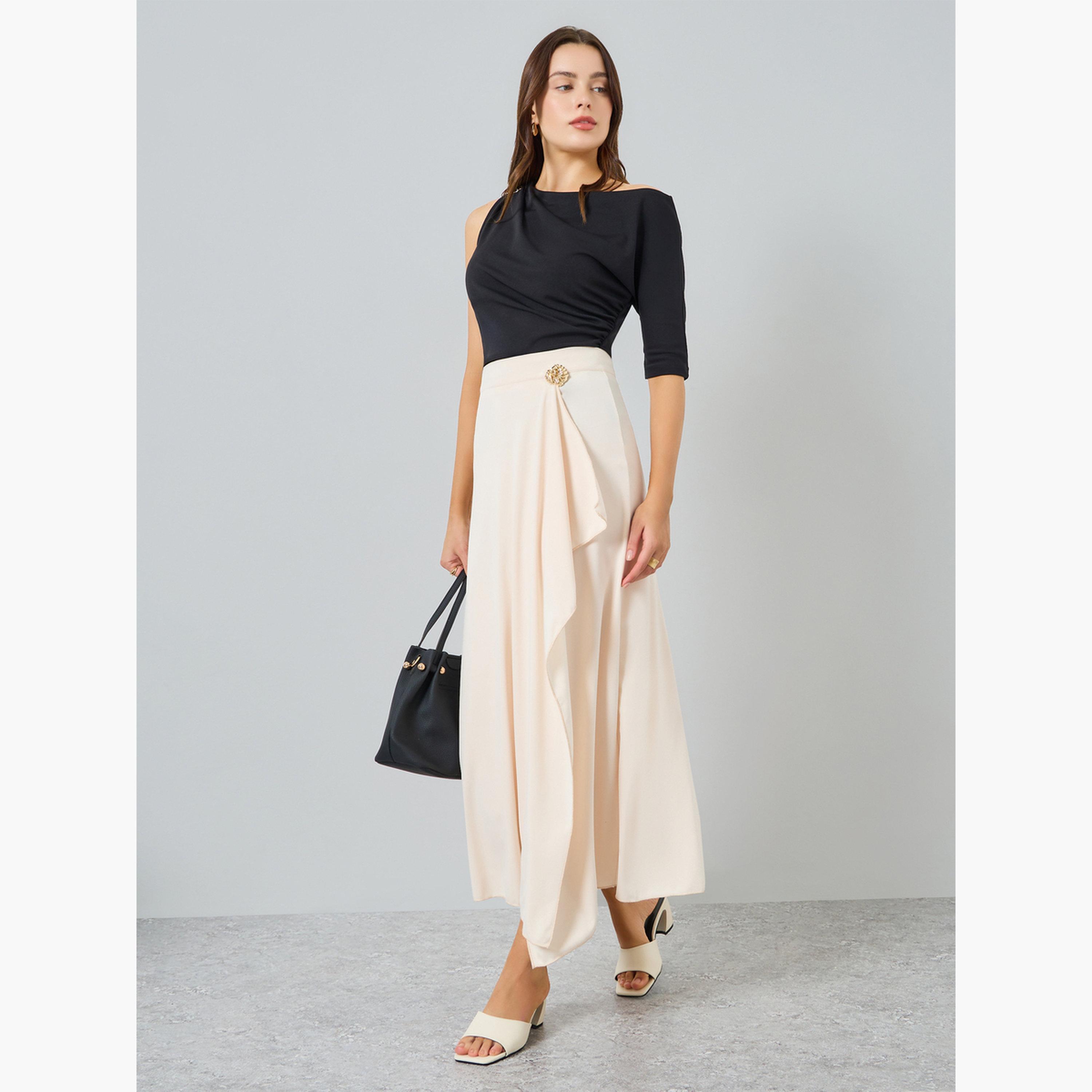 Styli Women Beige Solid Wrap Midi Skirt with Metallic Accents-women-clothing-bottoms-skirts-image-2