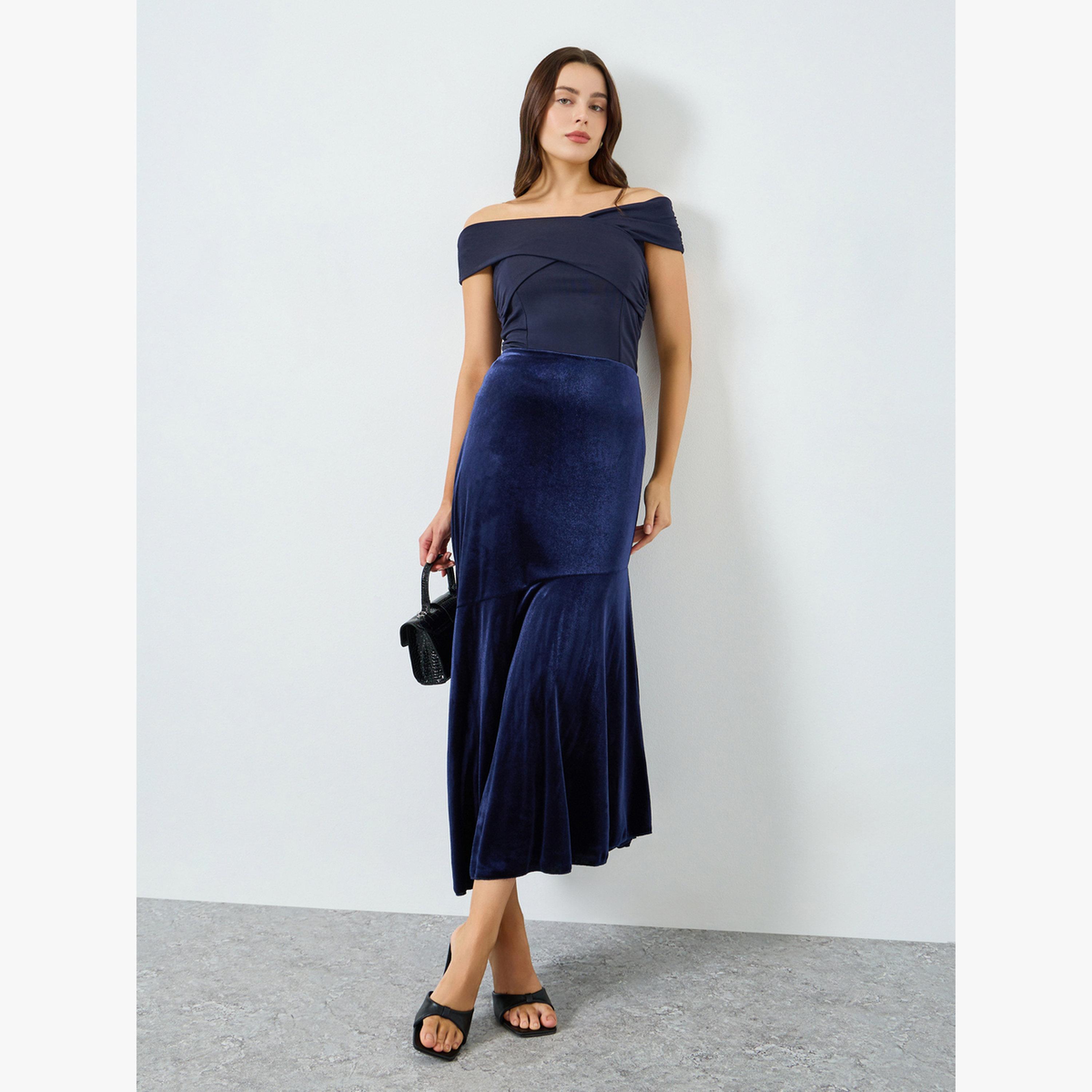 Styli Dark Blue Velvet Look Asymmetric Midi Skirt-women-clothing-bottoms-skirts-image-2