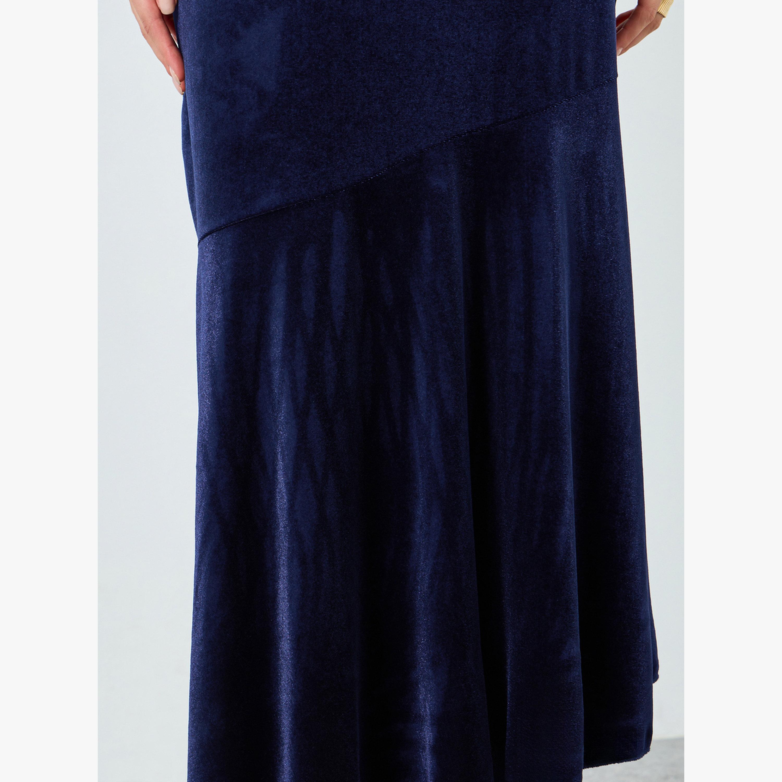 Styli Dark Blue Velvet Look Asymmetric Midi Skirt-women-clothing-bottoms-skirts-image-3