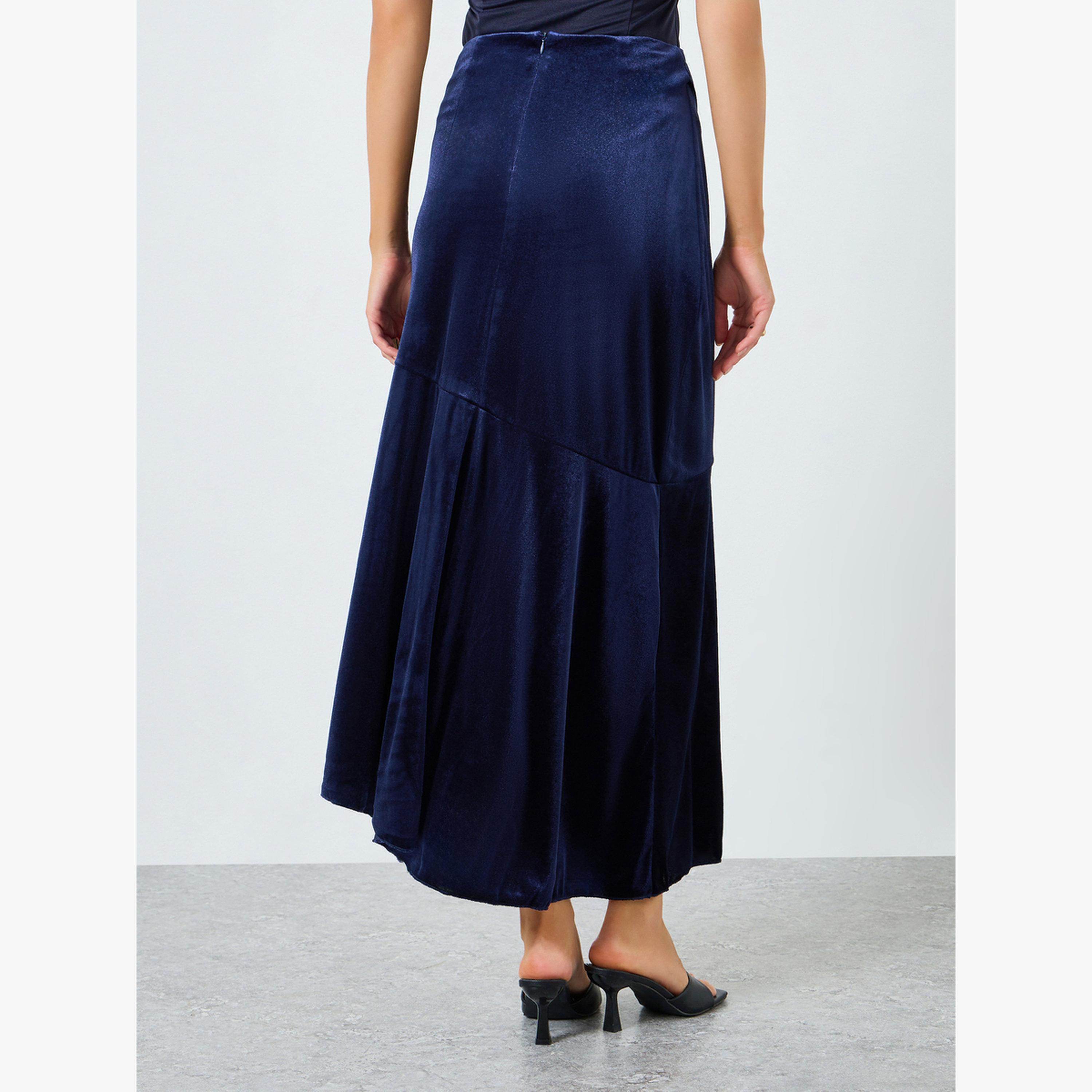 Styli Dark Blue Velvet Look Asymmetric Midi Skirt-women-clothing-bottoms-skirts-image-4