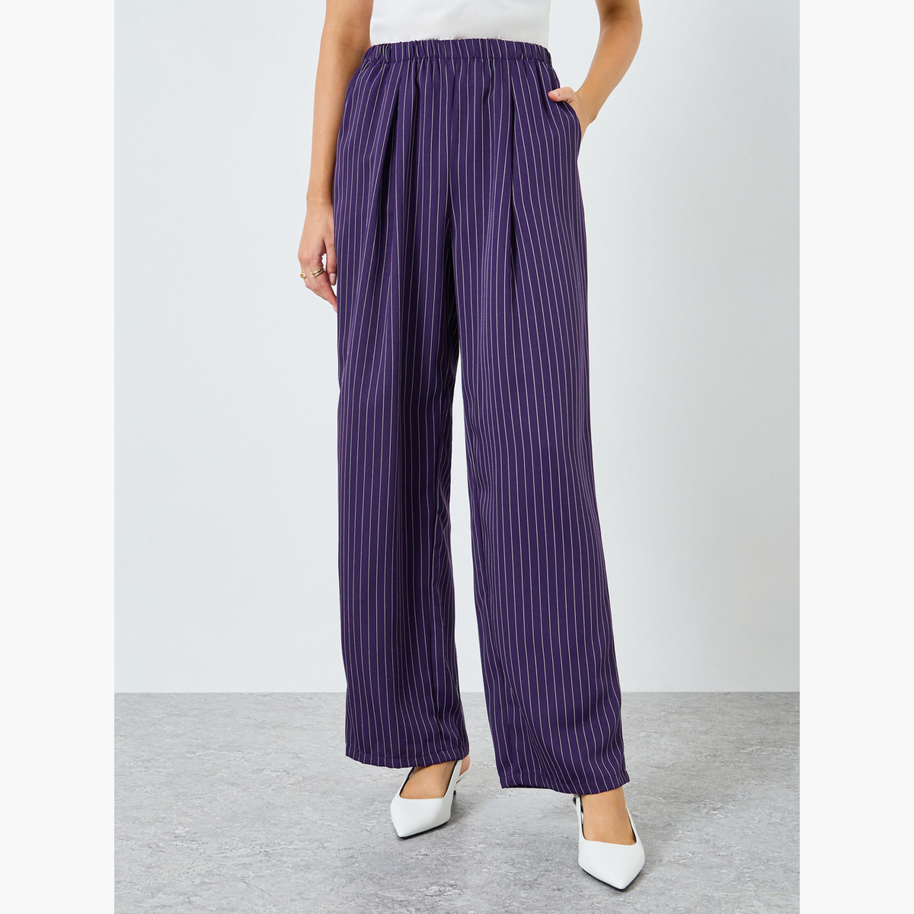 بنطال مخطط بأرجل واسعة وخصر مطاطي-women-clothing-bottoms-trousers-image-1