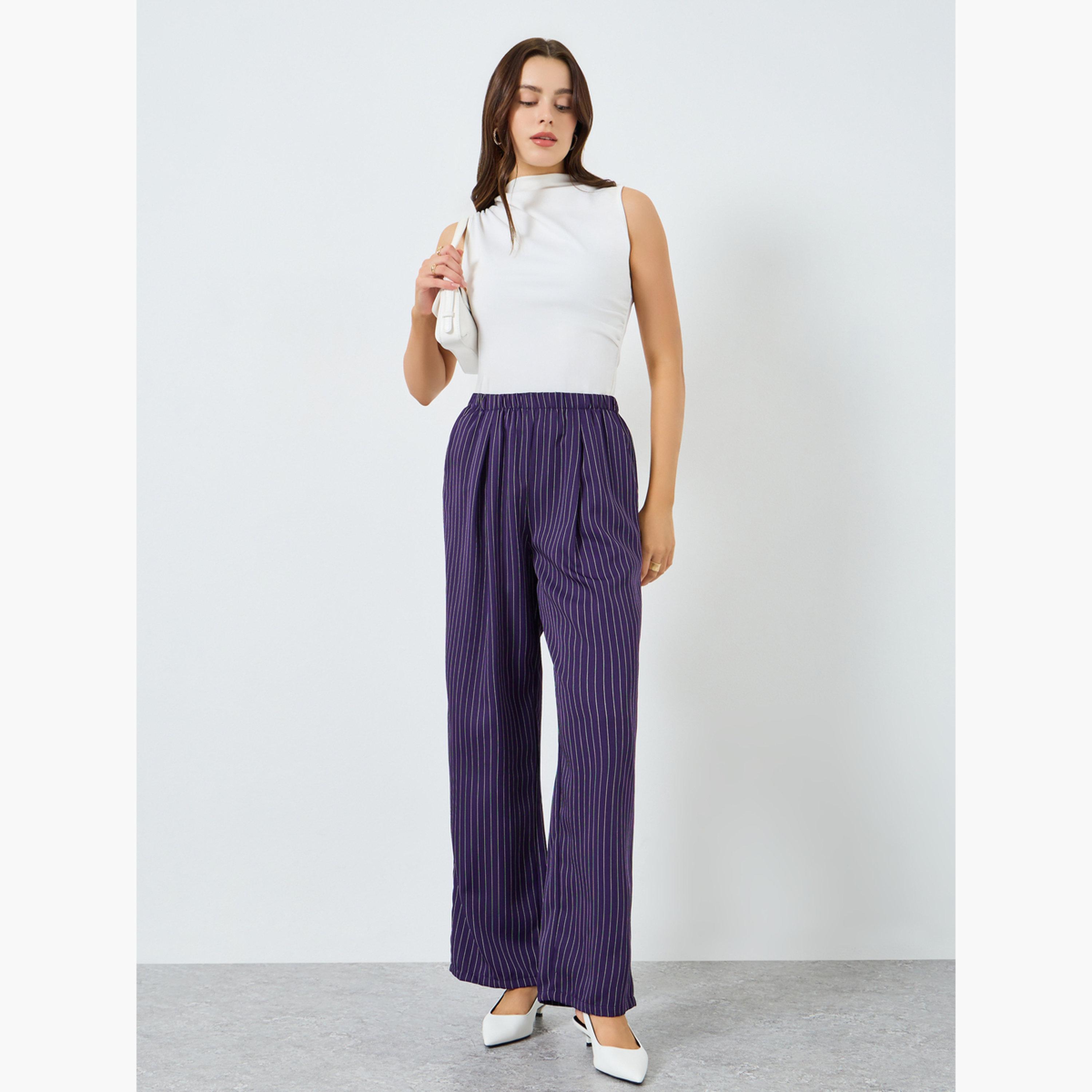بنطال مخطط بأرجل واسعة وخصر مطاطي-women-clothing-bottoms-trousers-image-2