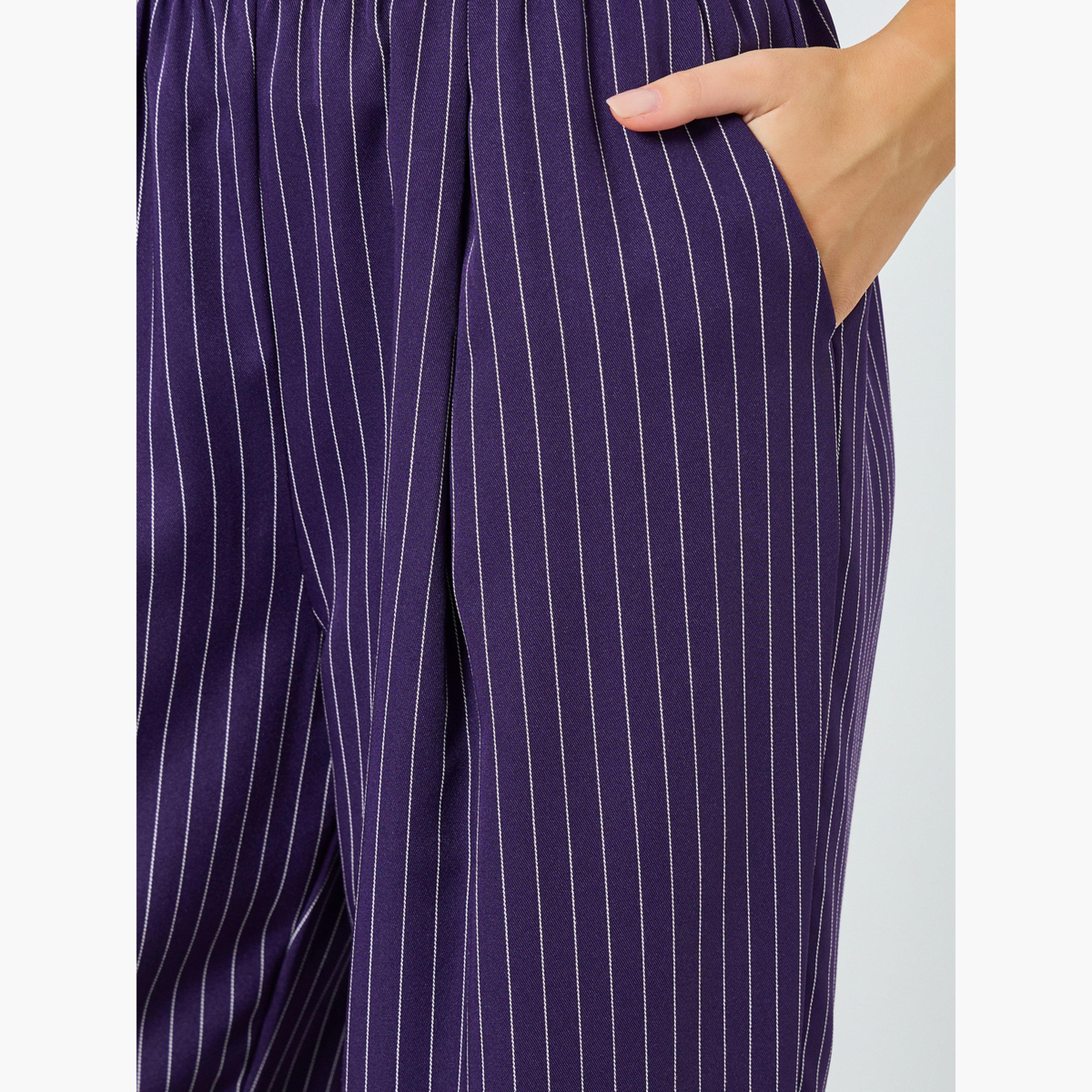 بنطال مخطط بأرجل واسعة وخصر مطاطي-women-clothing-bottoms-trousers-image-3