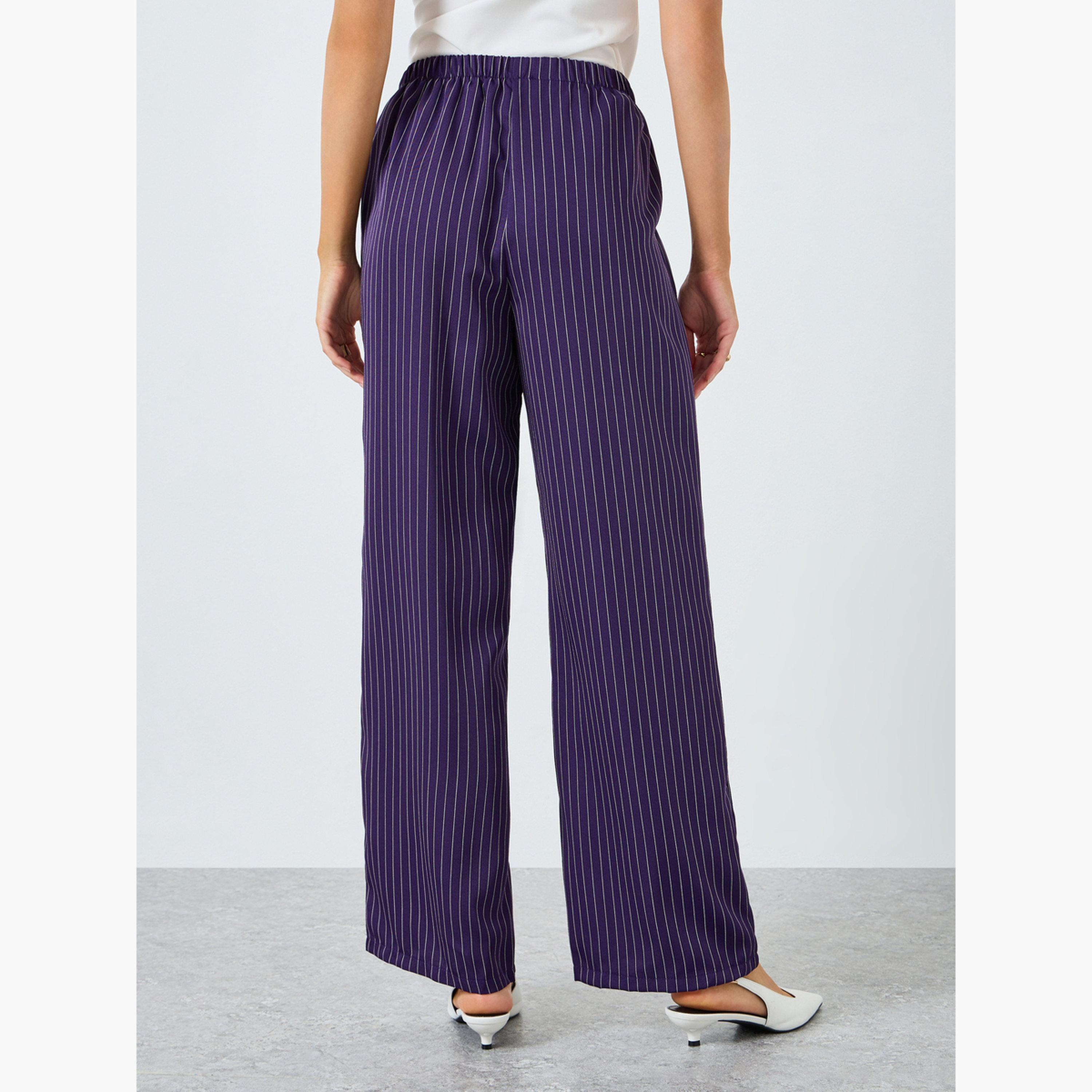 بنطال مخطط بأرجل واسعة وخصر مطاطي-women-clothing-bottoms-trousers-image-4