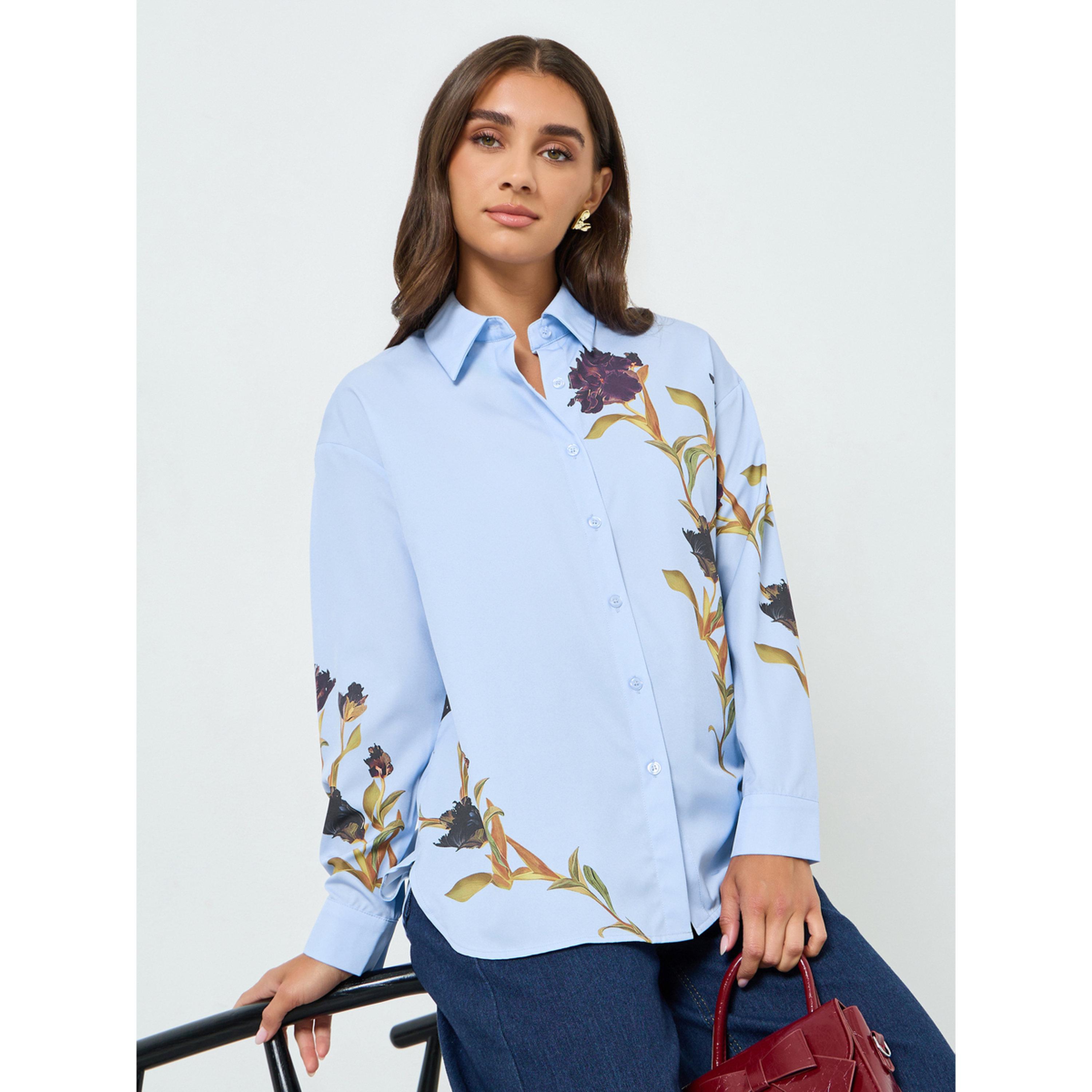 Styli Women Blue Placement Floral Print Oversized Shirt-women-clothing-shirtsandblouses-shirts-image-3