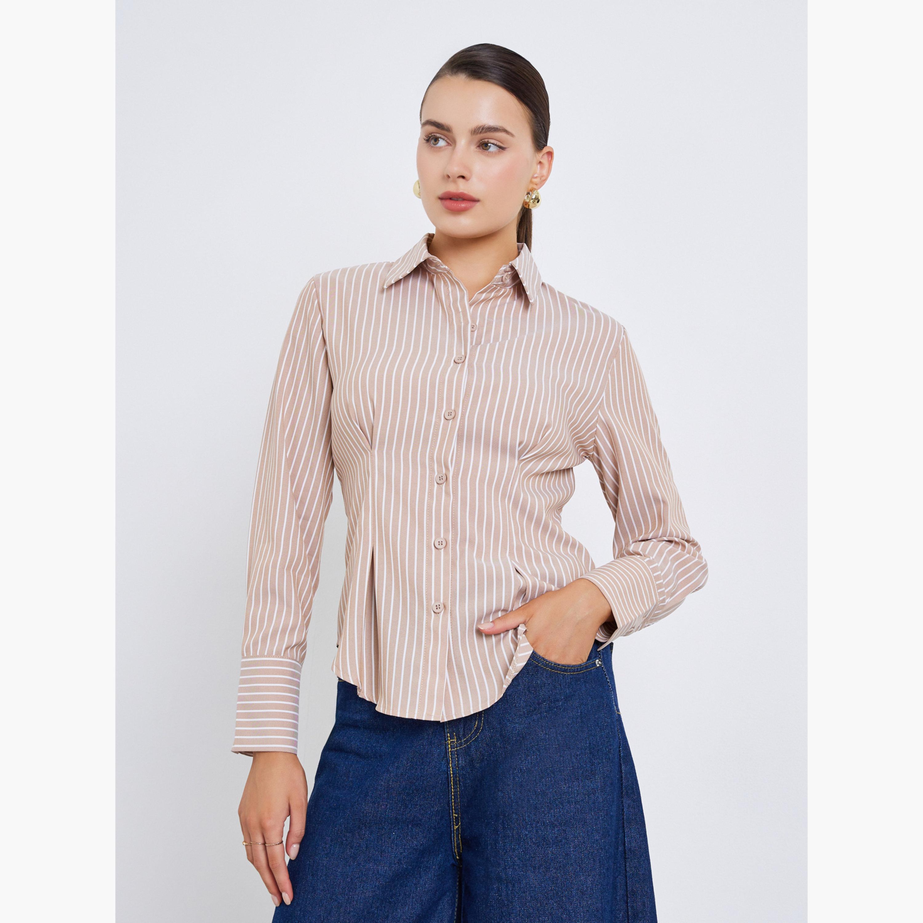 Styli Women Beige Striped Long Sleeve Shirt-women-clothing-shirtsandblouses-shirts-image-1