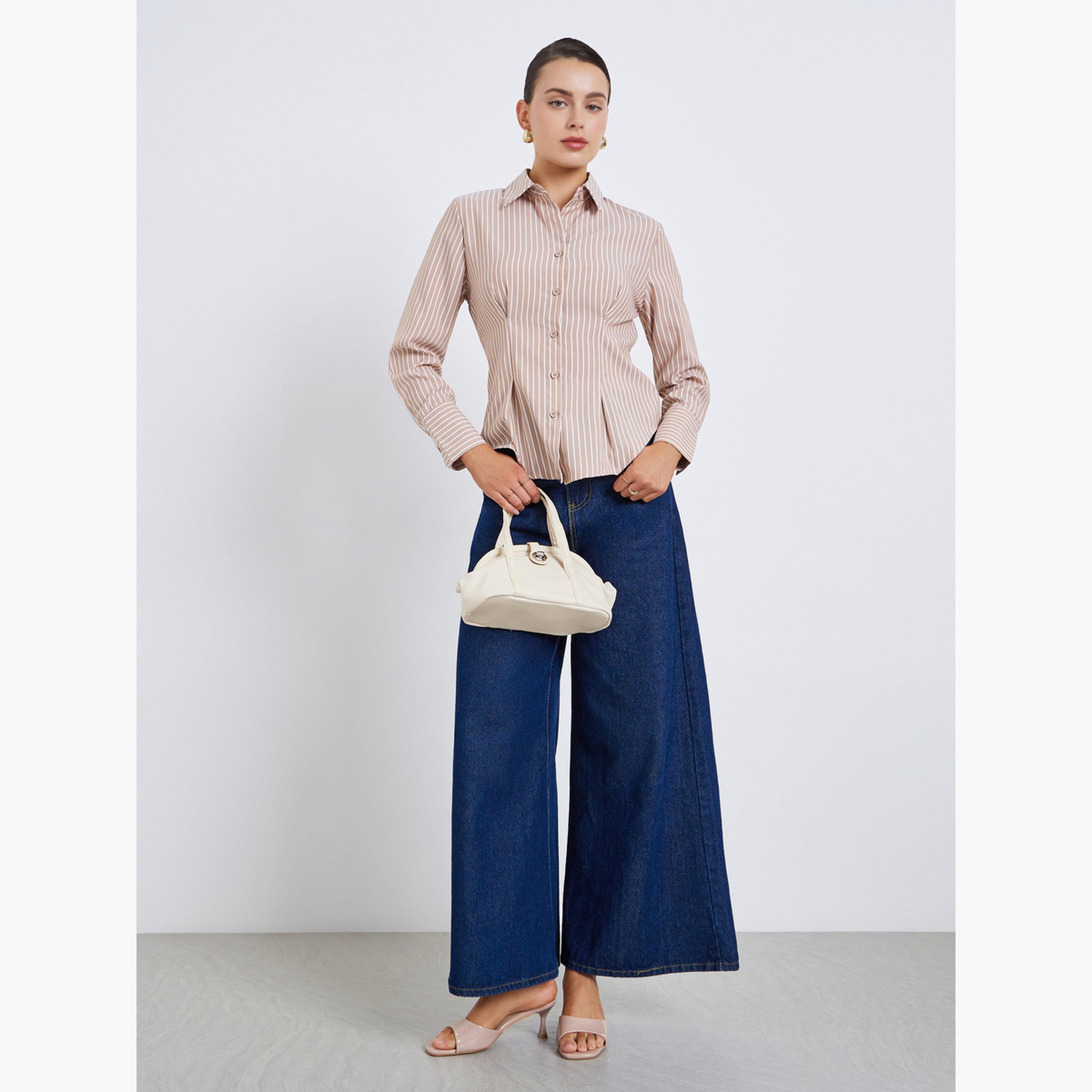 Styli Women Beige Striped Long Sleeve Shirt-women-clothing-shirtsandblouses-shirts-image-2