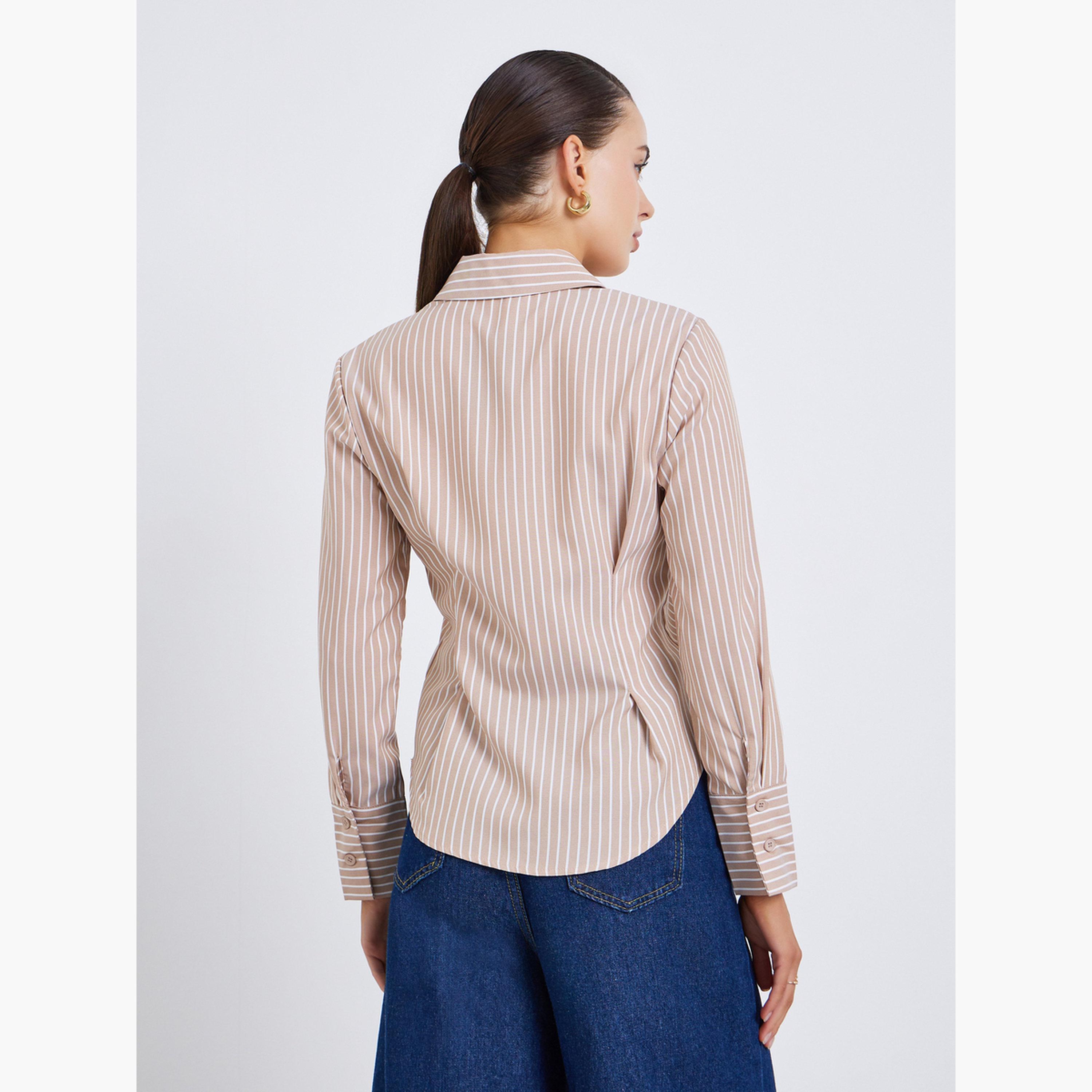 Styli Women Beige Striped Long Sleeve Shirt-women-clothing-shirtsandblouses-shirts-image-4