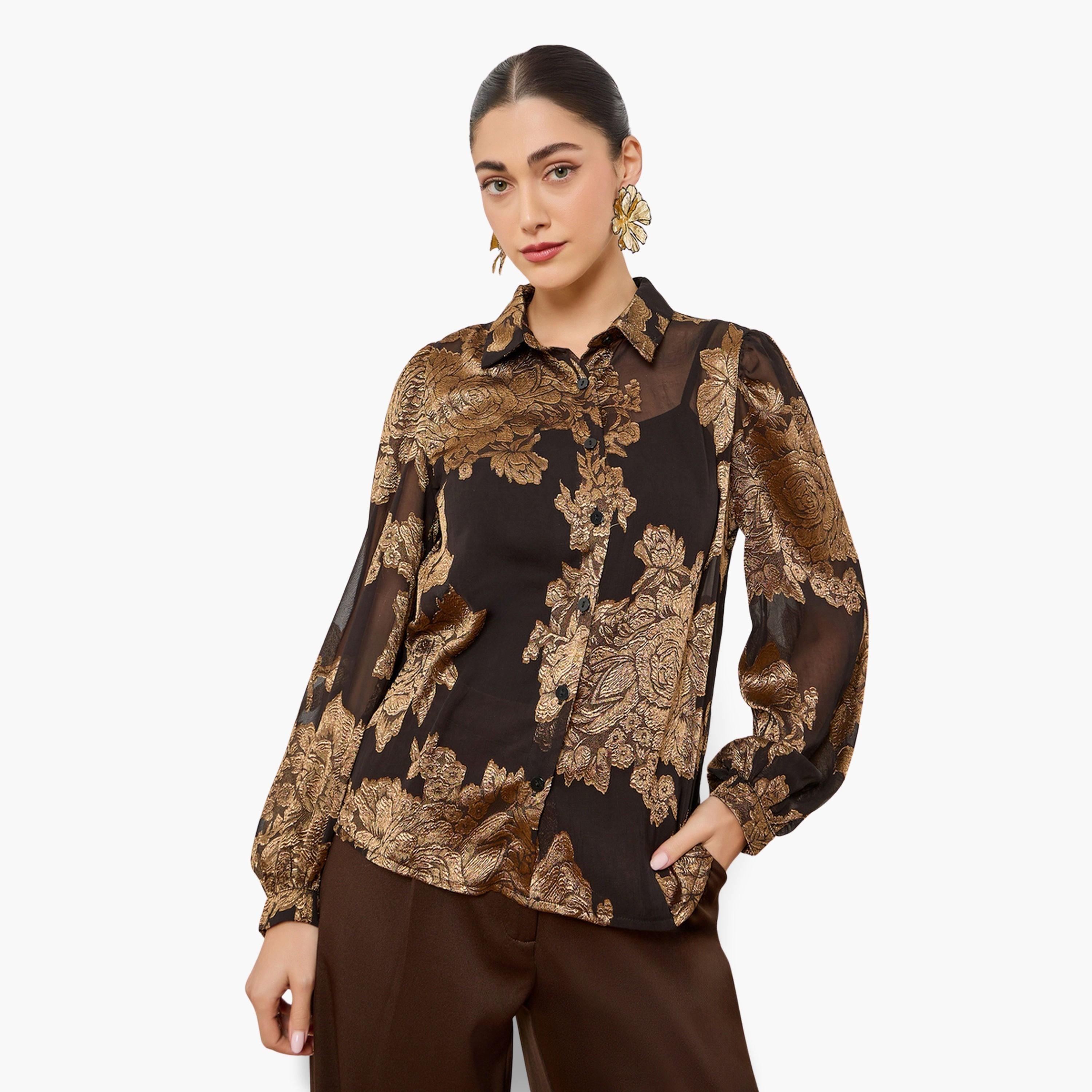 بلوزة جاكار بطبعة زهور وأكمام طويلة أسود-women-clothing-shirtsandblouses-shirts-image-1