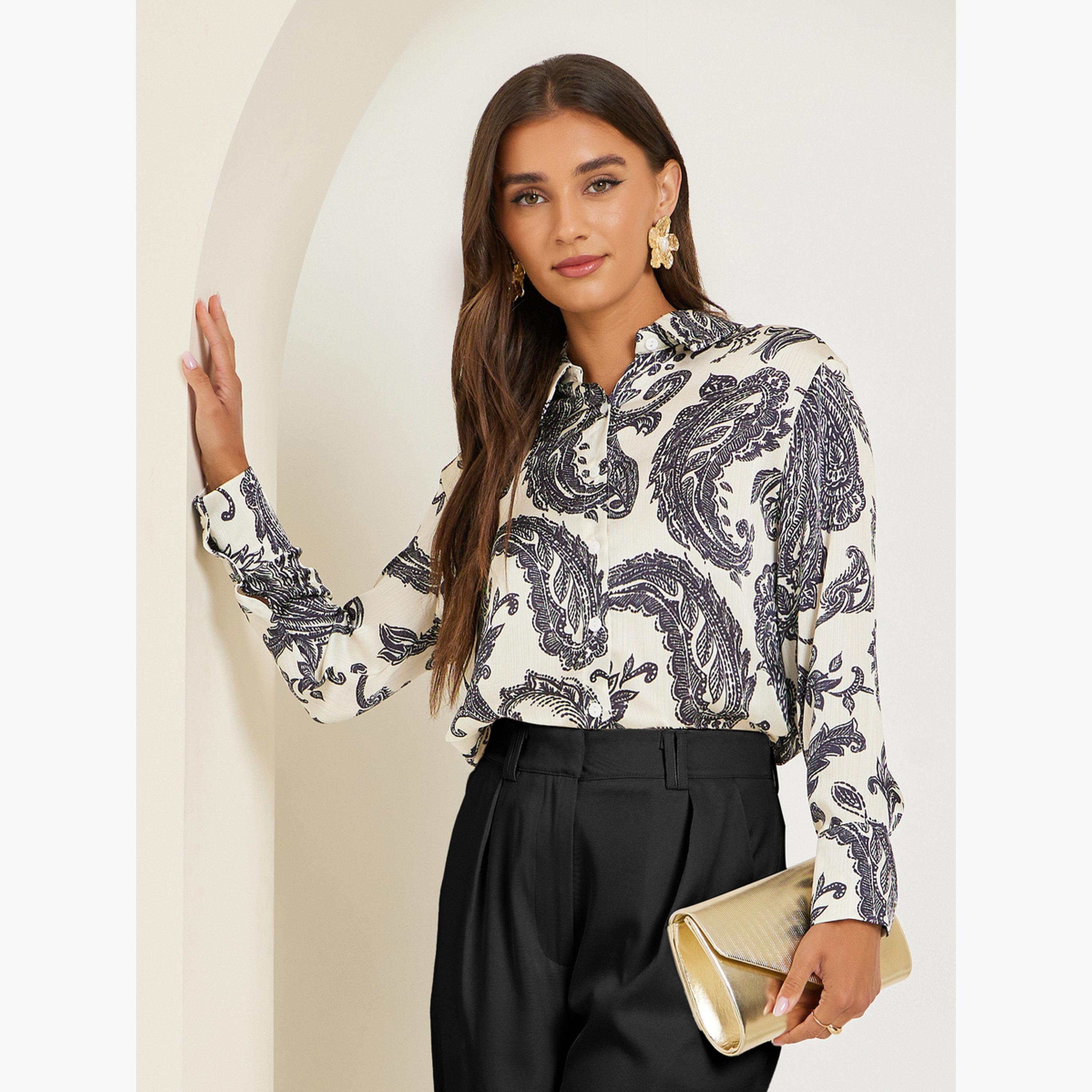 Styli Black Paisley Print Long Sleeve Satin Shirt-women-clothing-shirtsandblouses-shirts-image-3