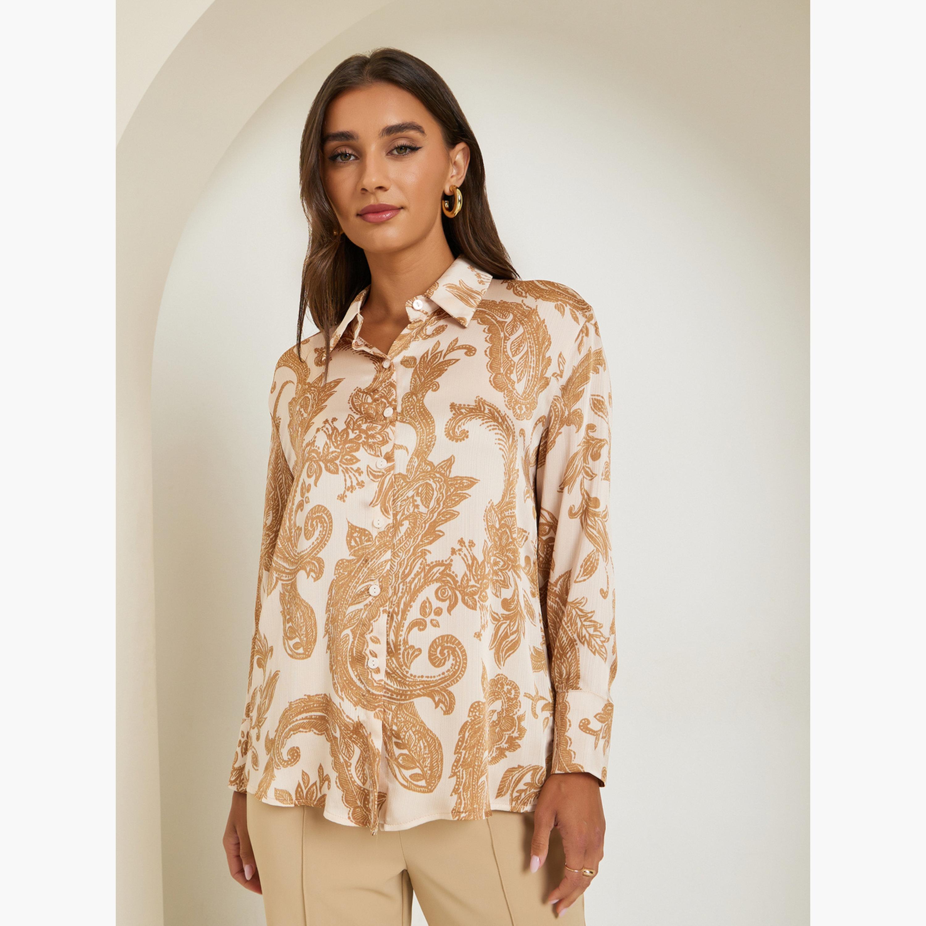 بلوزة ساتان بأكمام طويلة وطبعة بيزلي-women-clothing-shirtsandblouses-shirts-image-1