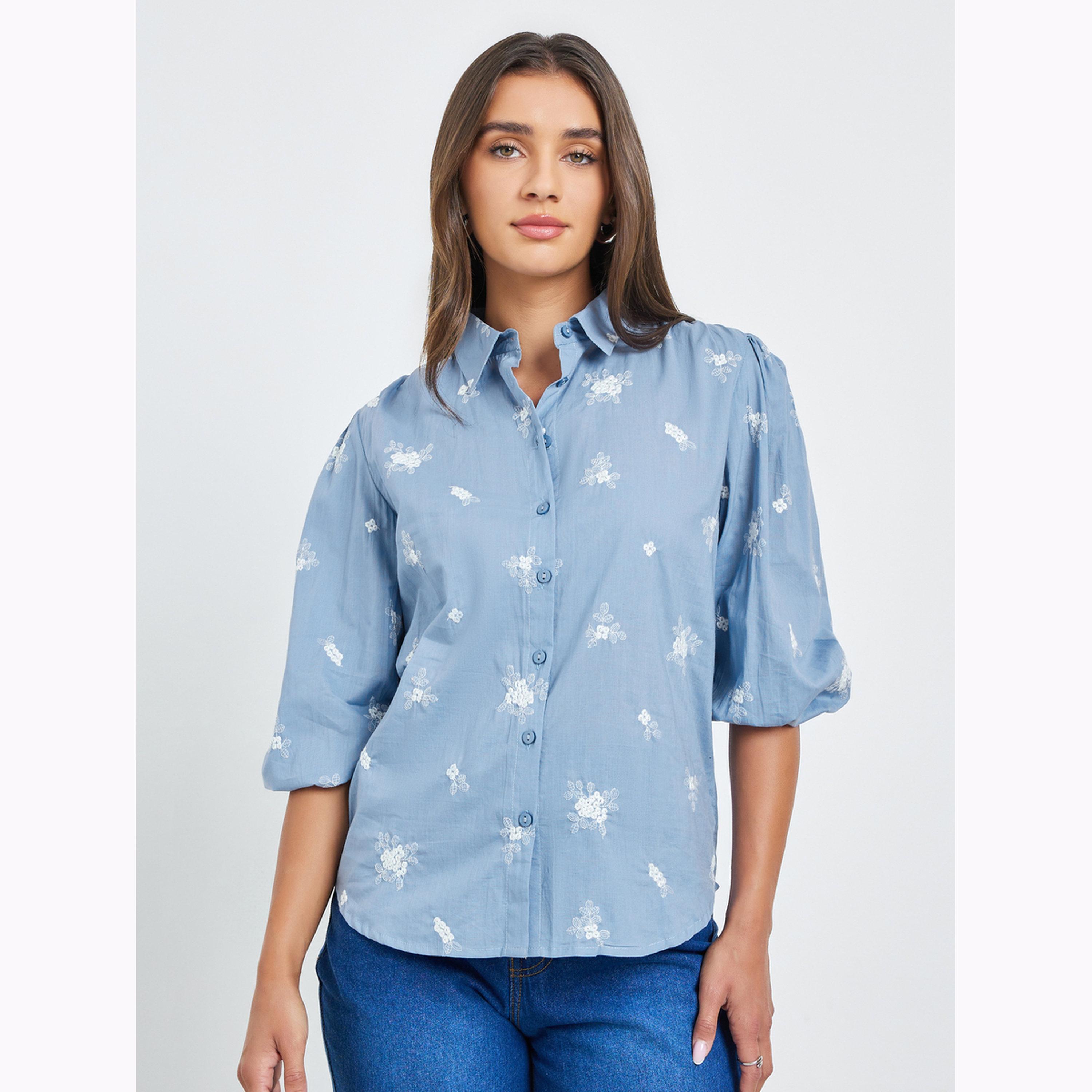 Styli Blue Embroidered Puff Sleeve Shirt-women-clothing-shirtsandblouses-shirts-image-1