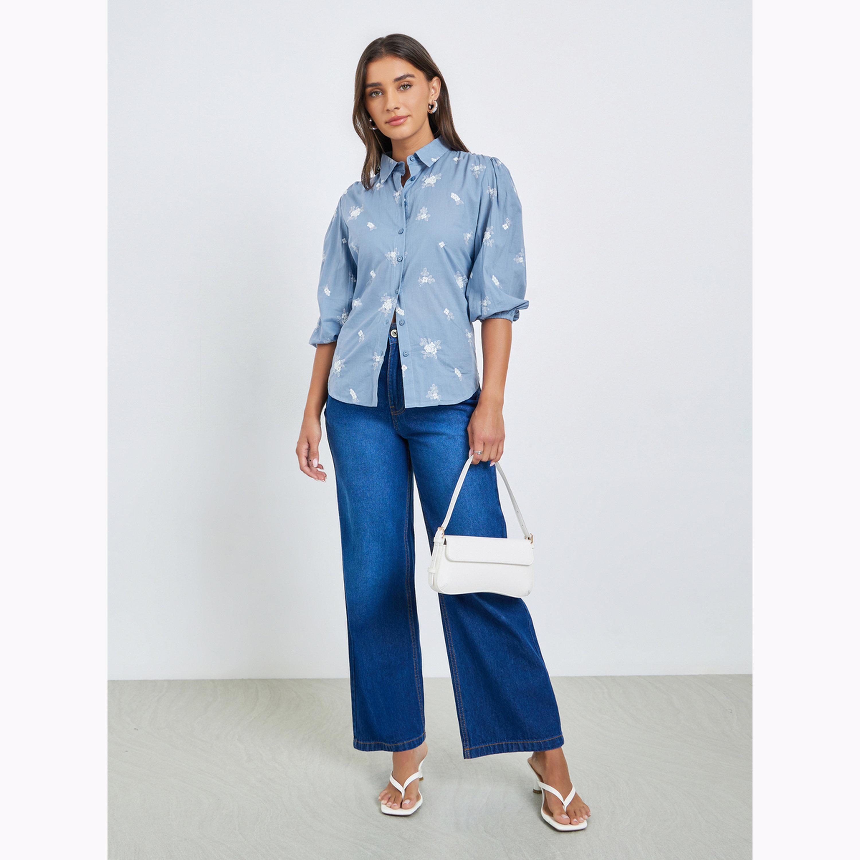 Styli Blue Embroidered Puff Sleeve Shirt-women-clothing-shirtsandblouses-shirts-image-2