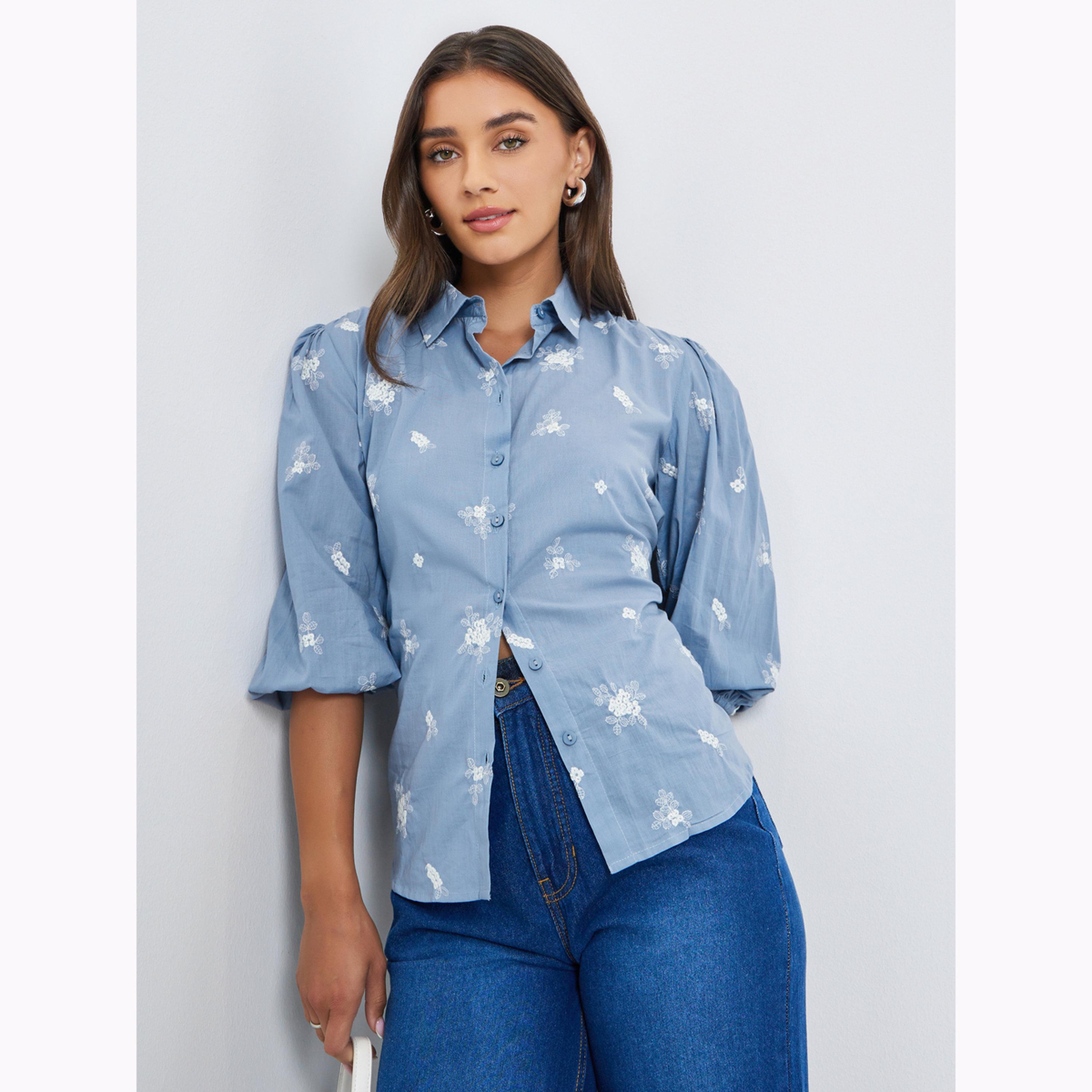 Styli Blue Embroidered Puff Sleeve Shirt-women-clothing-shirtsandblouses-shirts-image-3