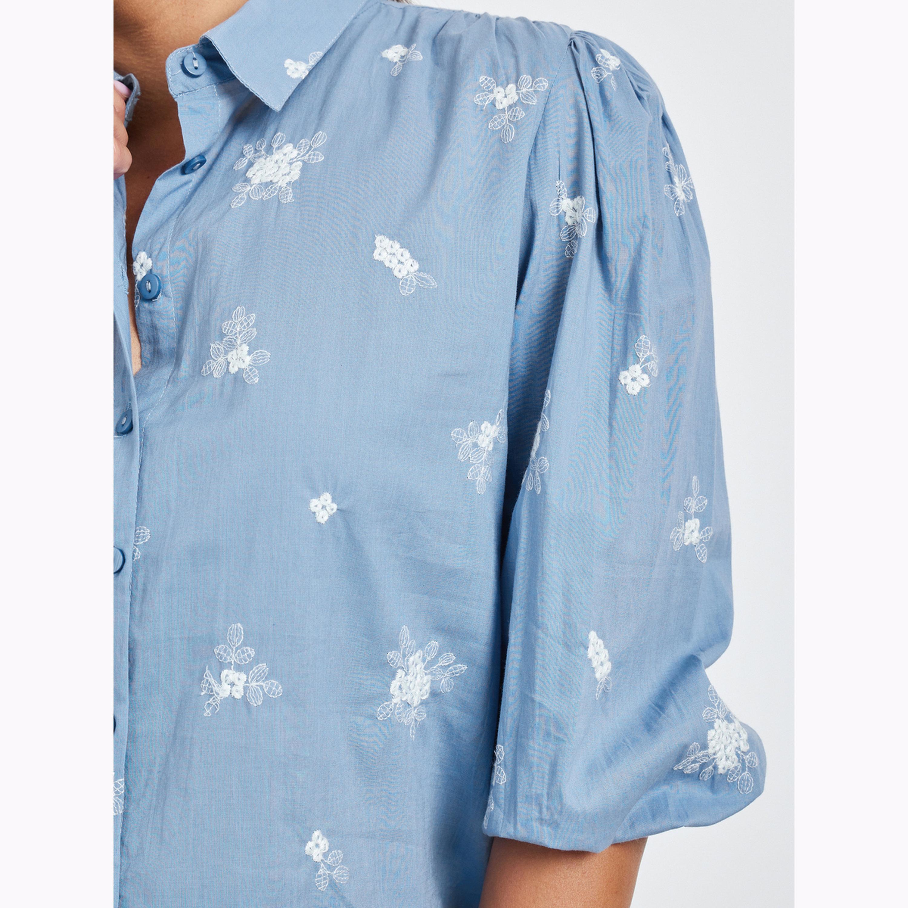 Styli Blue Embroidered Puff Sleeve Shirt-women-clothing-shirtsandblouses-shirts-image-5