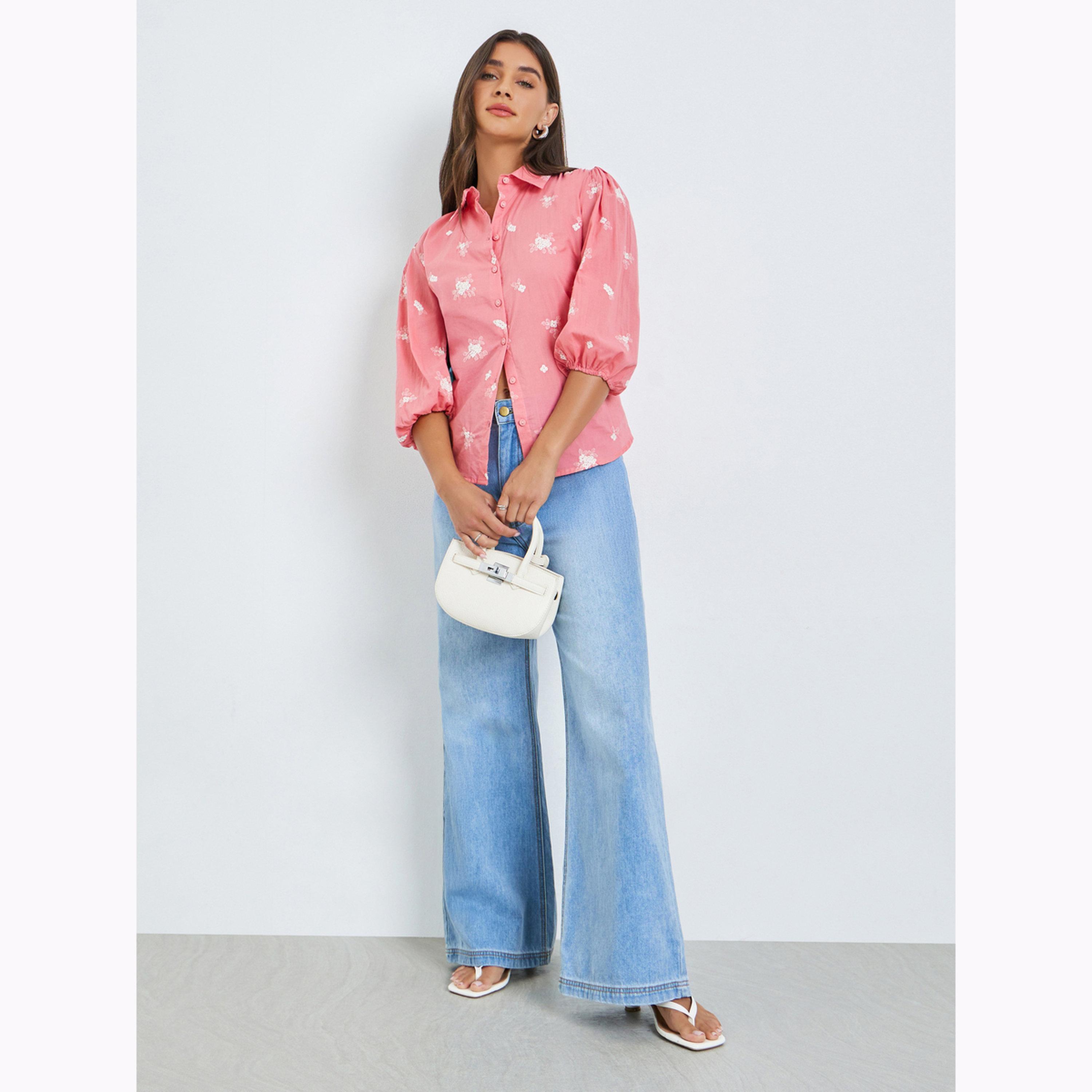 Styli Pink Embroidered Puff Sleeve Shirt-women-clothing-shirtsandblouses-shirts-image-2