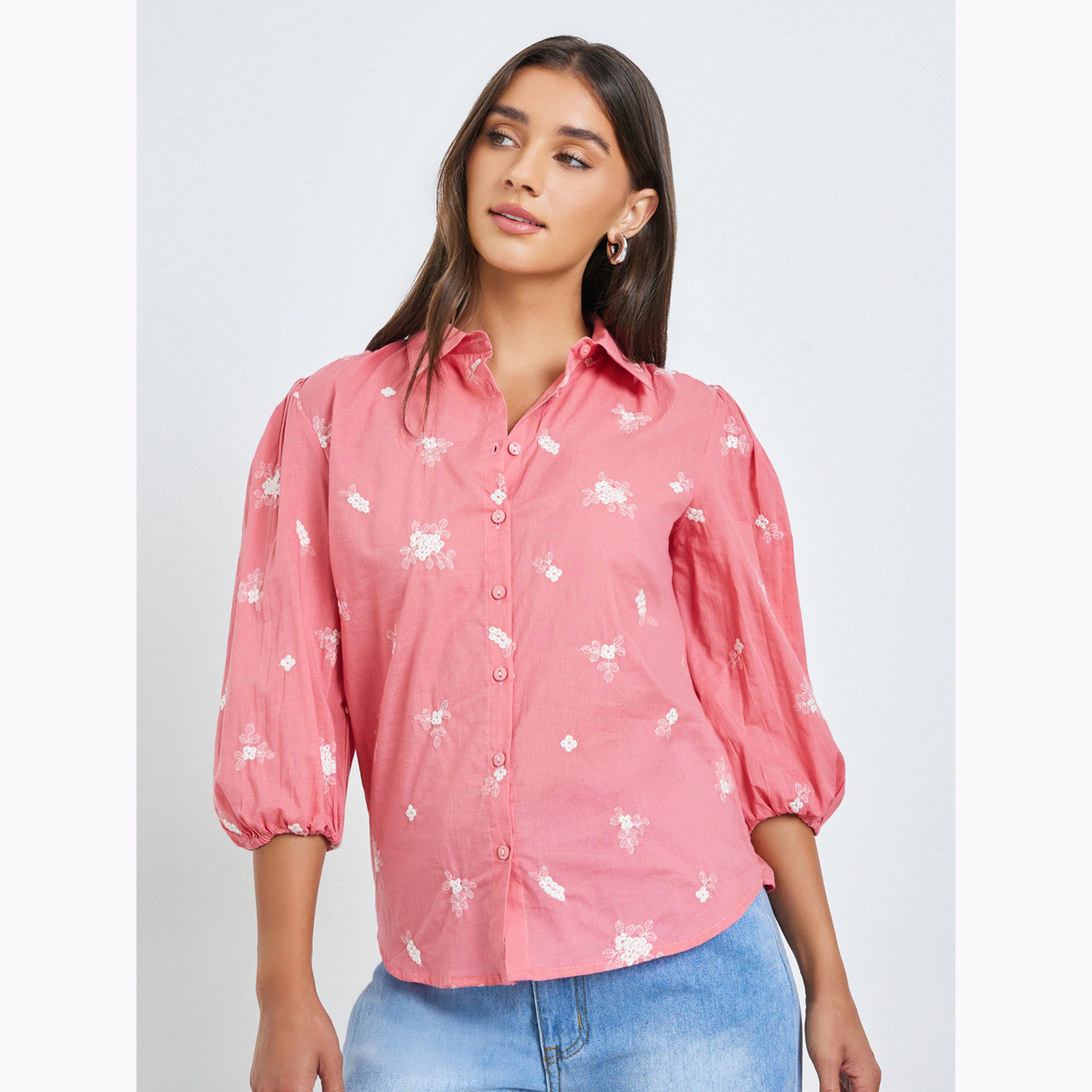Styli Pink Embroidered Puff Sleeve Shirt-women-clothing-shirtsandblouses-shirts-image-3