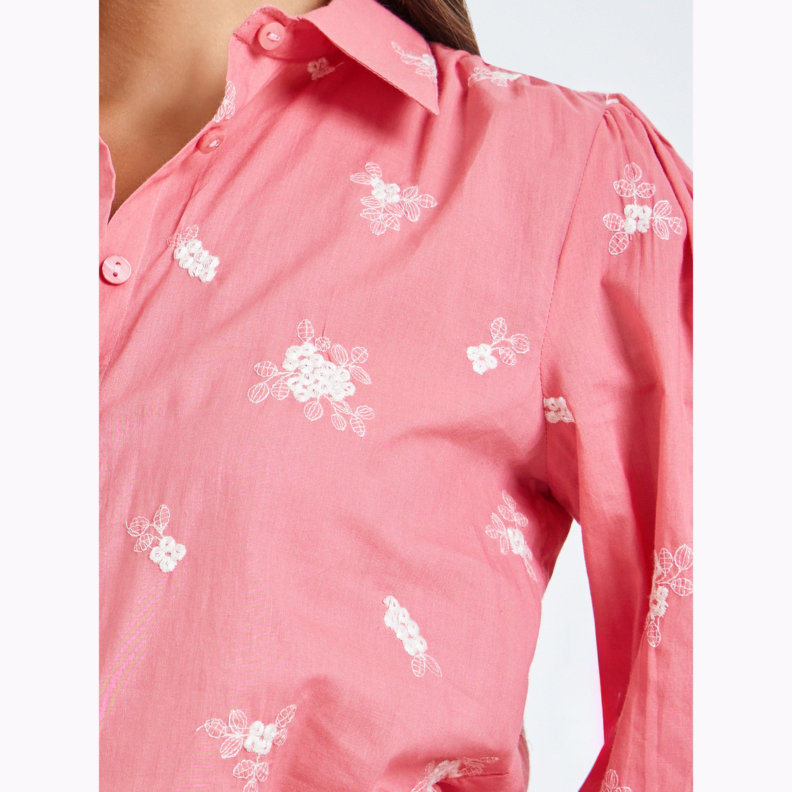 Styli Pink Embroidered Puff Sleeve Shirt-women-clothing-shirtsandblouses-shirts-image-5