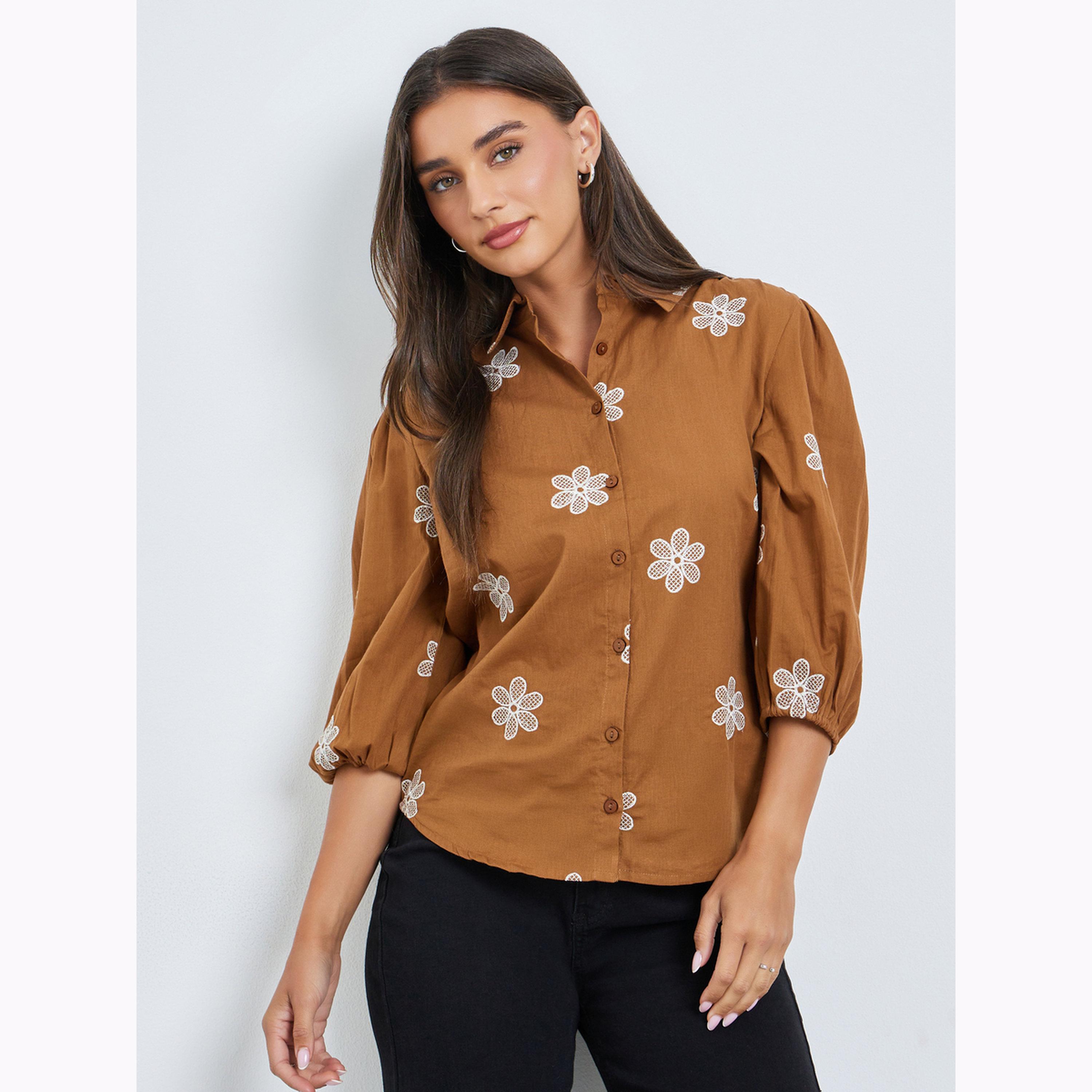 Styli Brown Embroidered Puff Sleeve Shirt-women-clothing-shirtsandblouses-shirts-image-1
