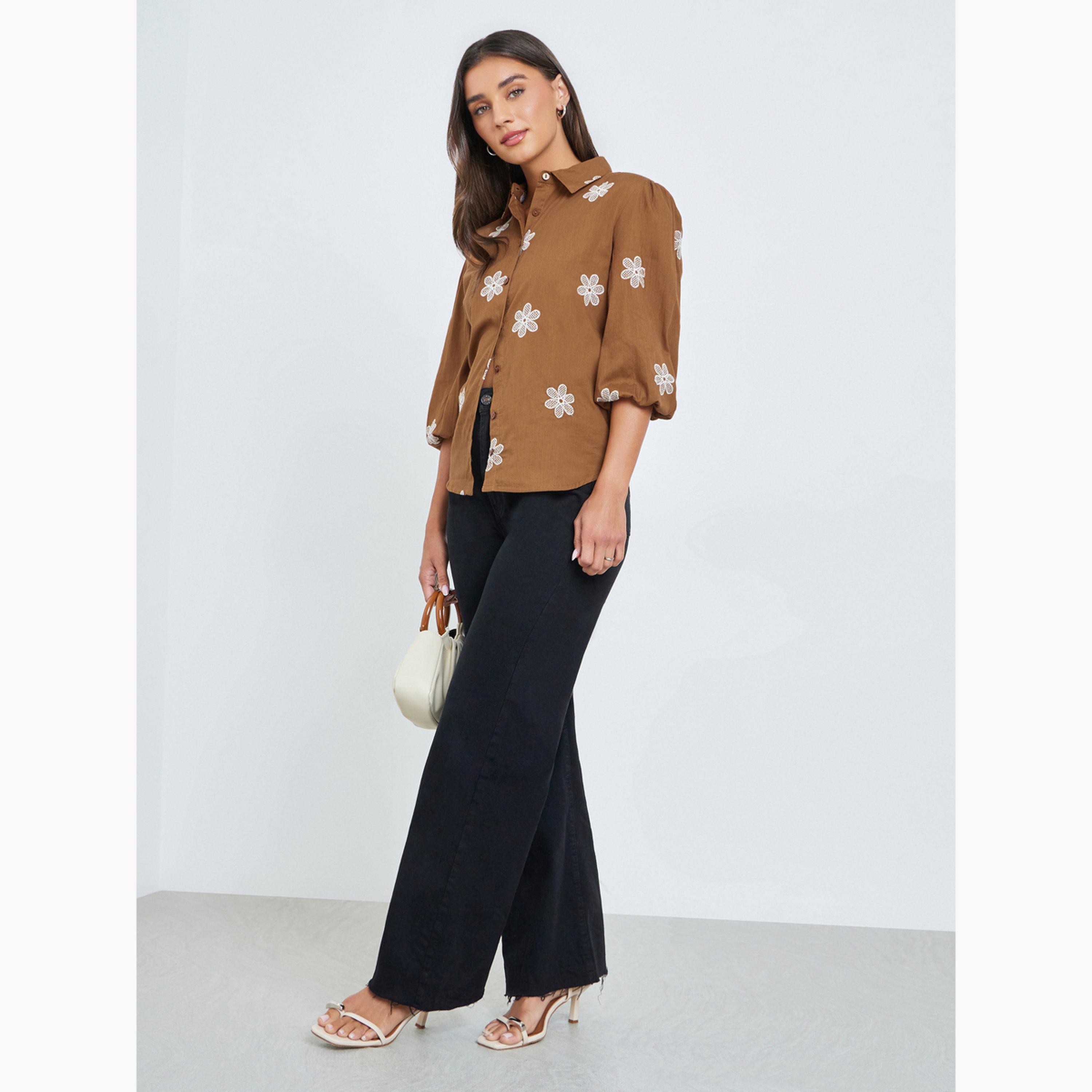 Styli Brown Embroidered Puff Sleeve Shirt-women-clothing-shirtsandblouses-shirts-image-2