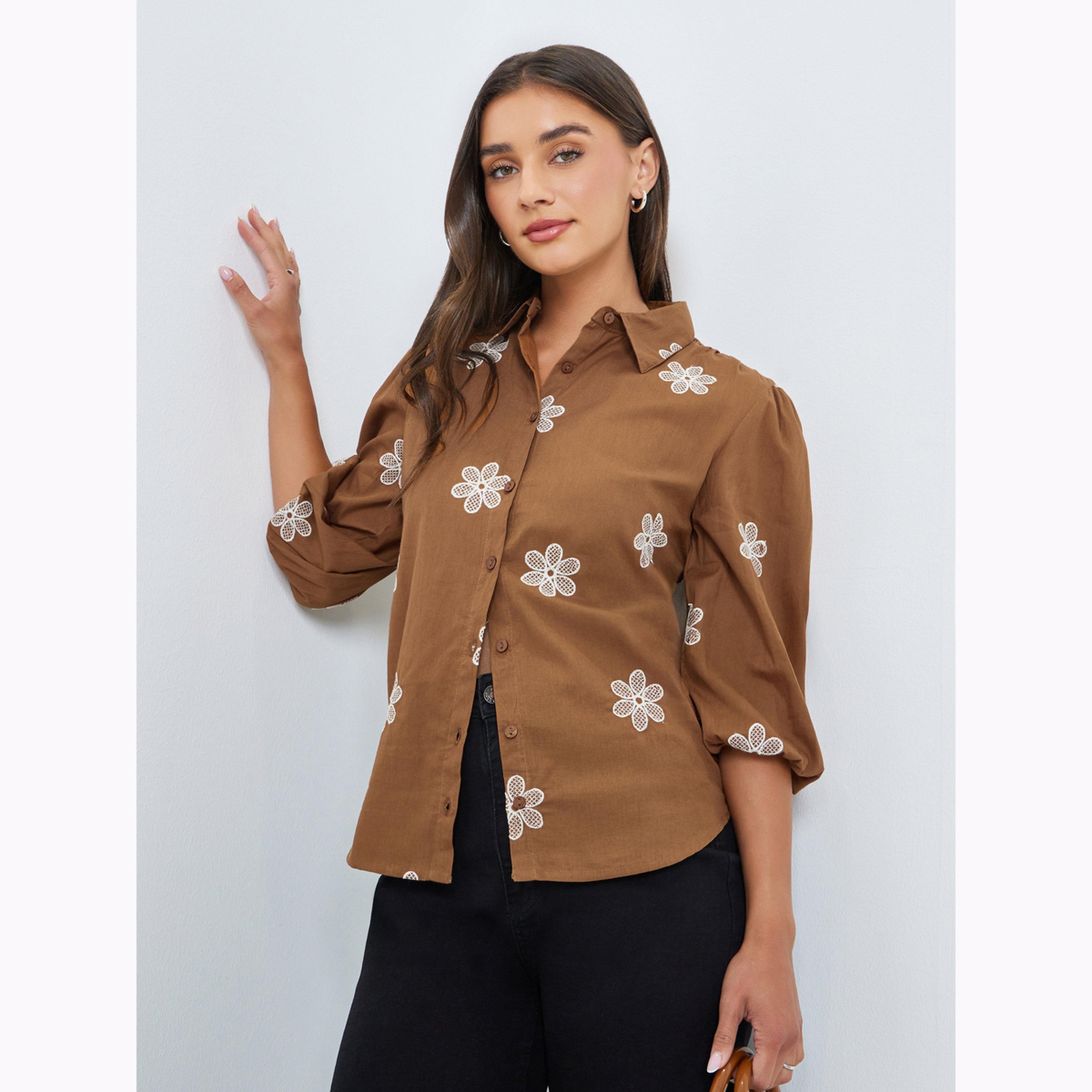 Styli Brown Embroidered Puff Sleeve Shirt-women-clothing-shirtsandblouses-shirts-image-3