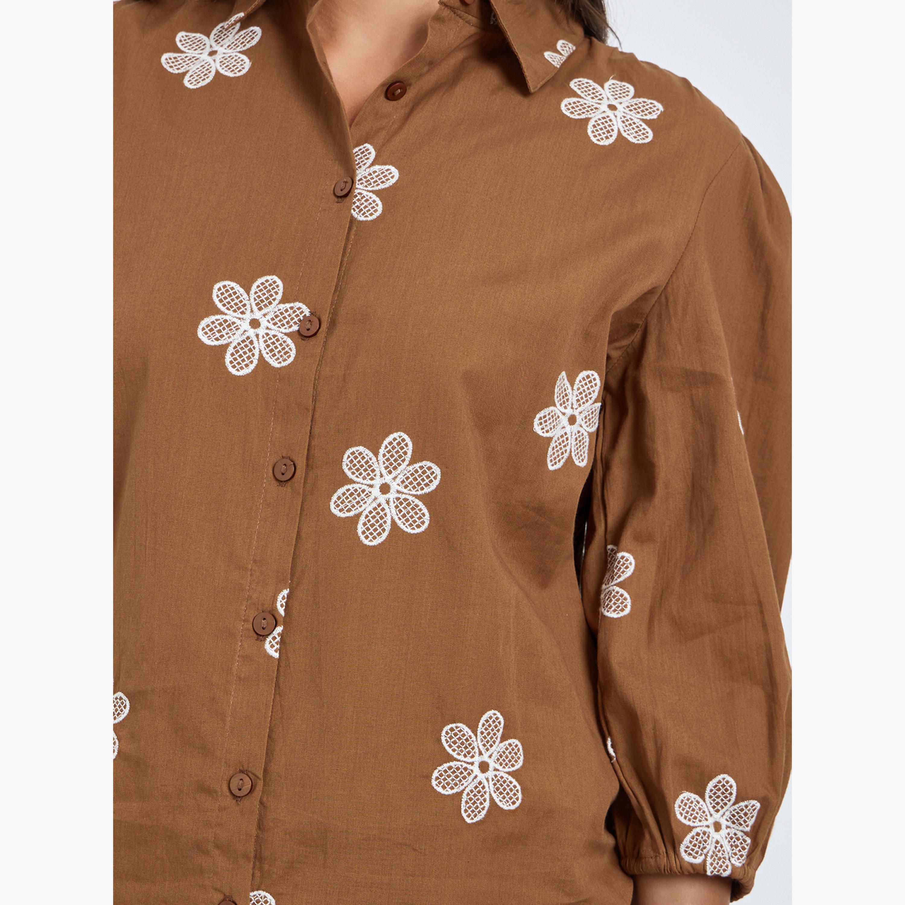 Styli Brown Embroidered Puff Sleeve Shirt-women-clothing-shirtsandblouses-shirts-image-5
