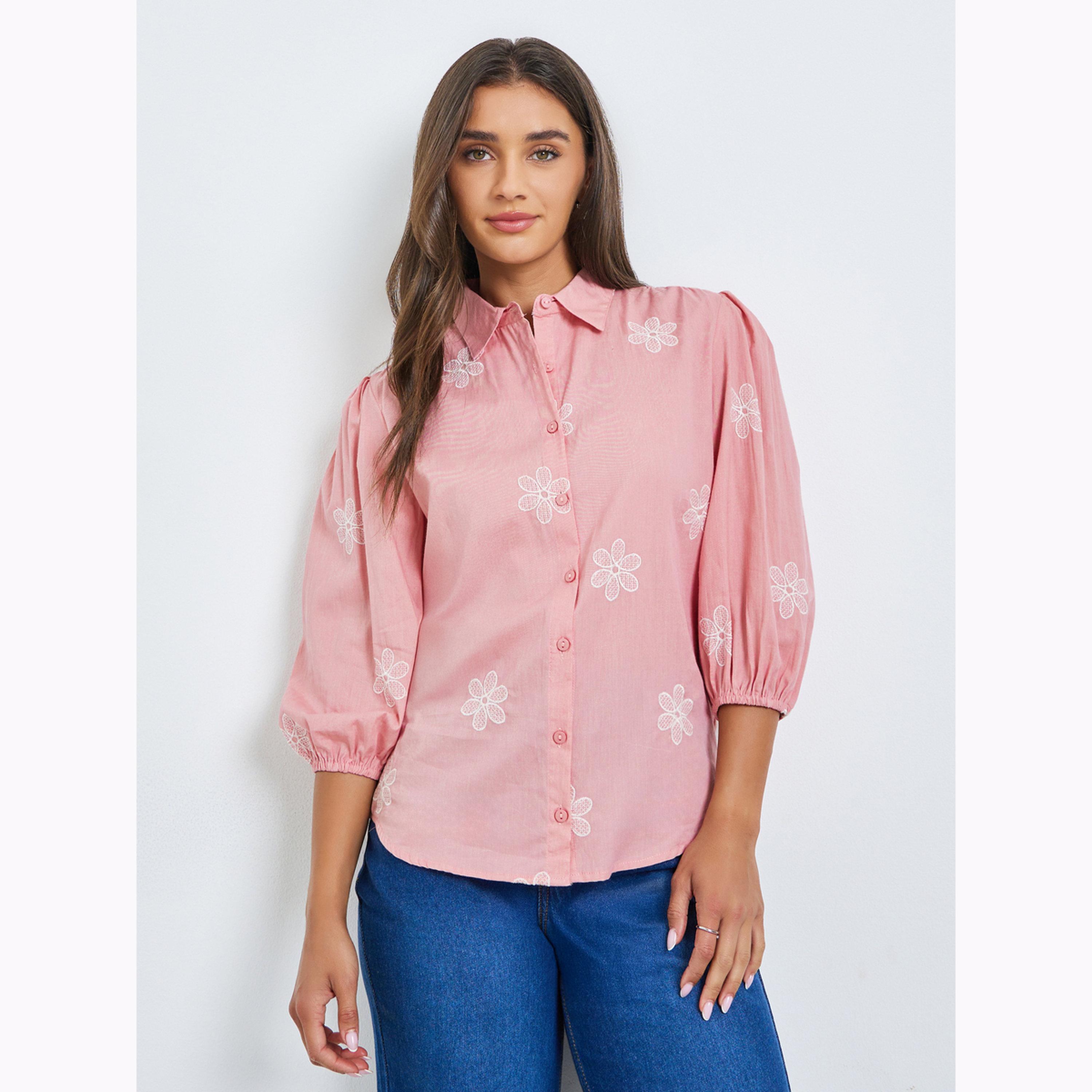 Styli Pink Embroidered Puff Sleeve Shirt-women-clothing-shirtsandblouses-shirts-image-1