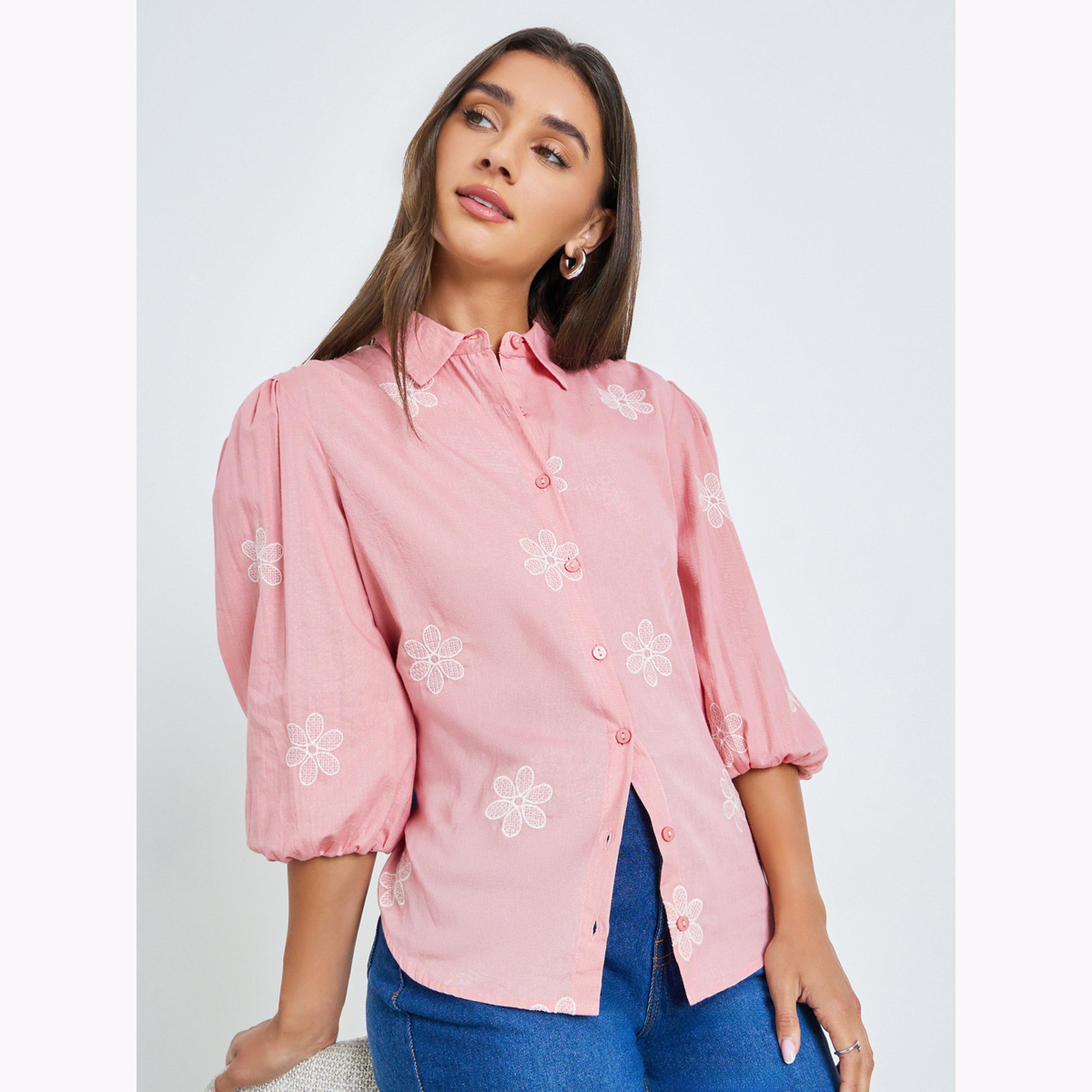 Styli Pink Embroidered Puff Sleeve Shirt-women-clothing-shirtsandblouses-shirts-image-3