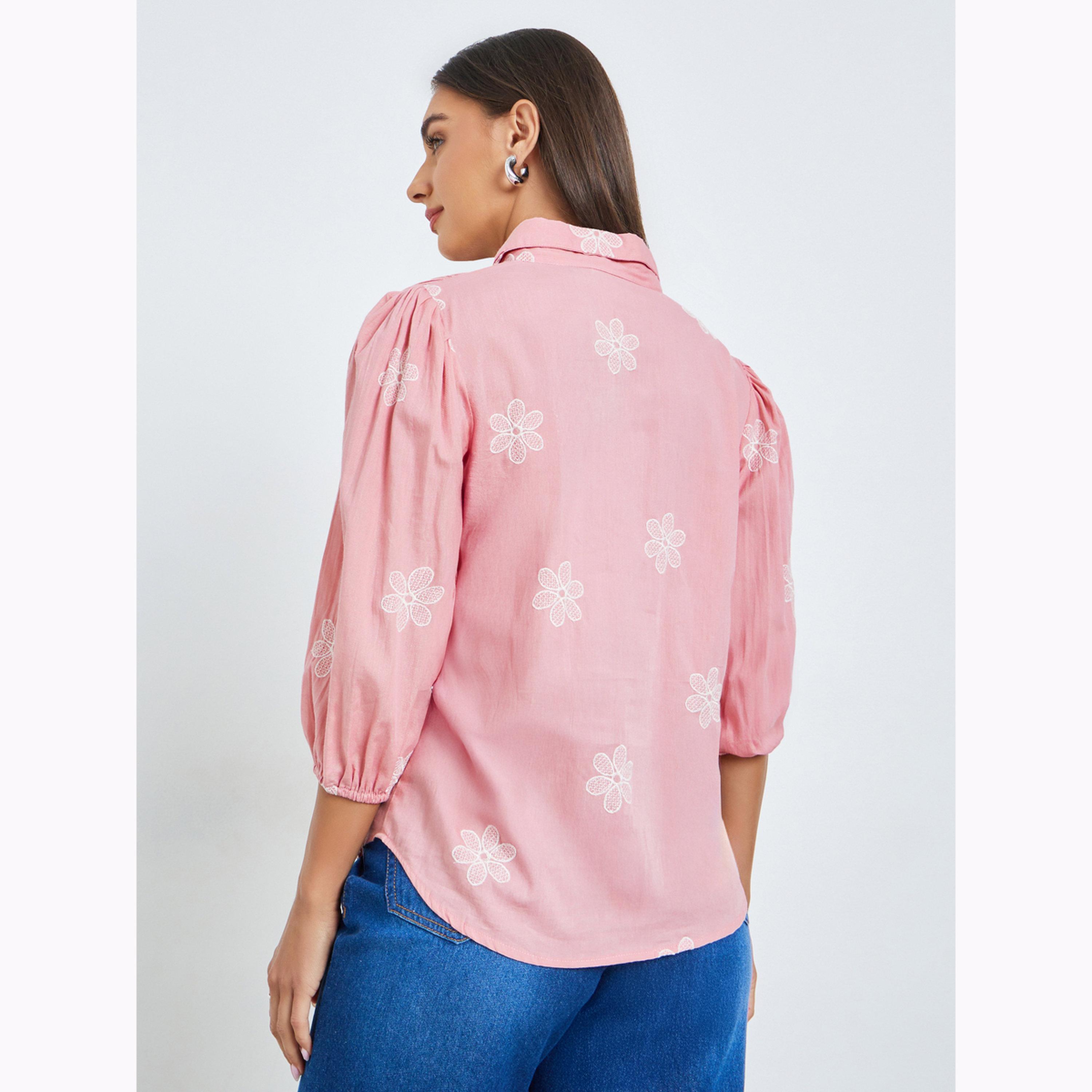 Styli Pink Embroidered Puff Sleeve Shirt-women-clothing-shirtsandblouses-shirts-image-4