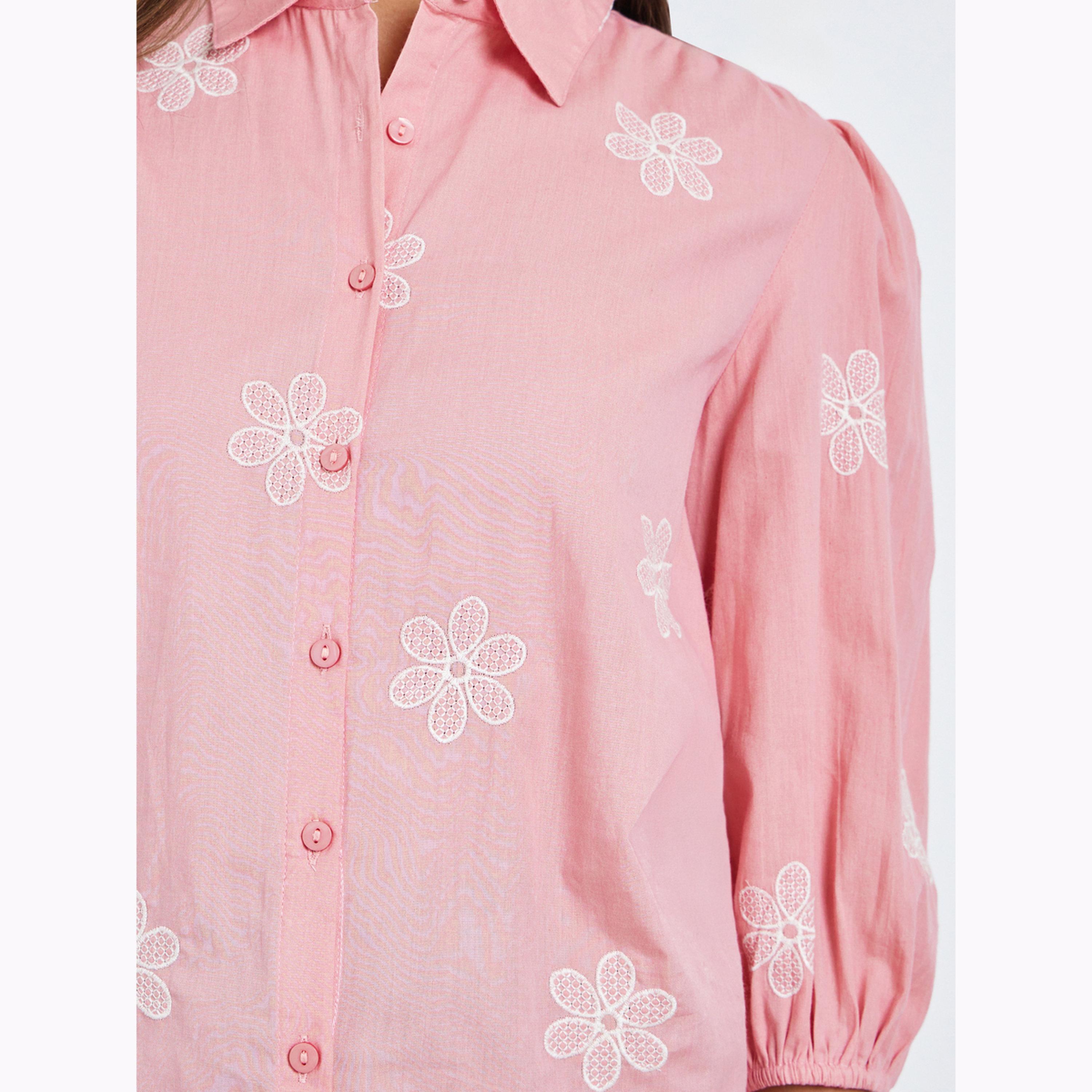 Styli Pink Embroidered Puff Sleeve Shirt-women-clothing-shirtsandblouses-shirts-image-5