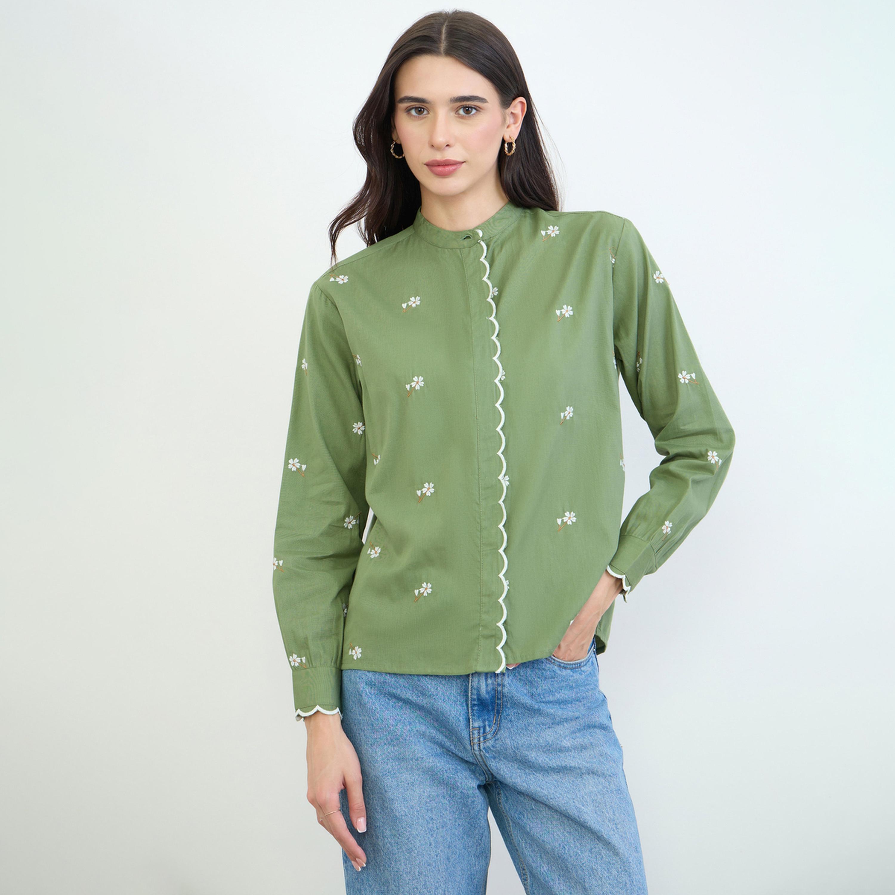 Styli Green Embroidered Scalloped Detail Mandarin Collar Top-women-clothing-shirtsandblouses-blouses-image-1