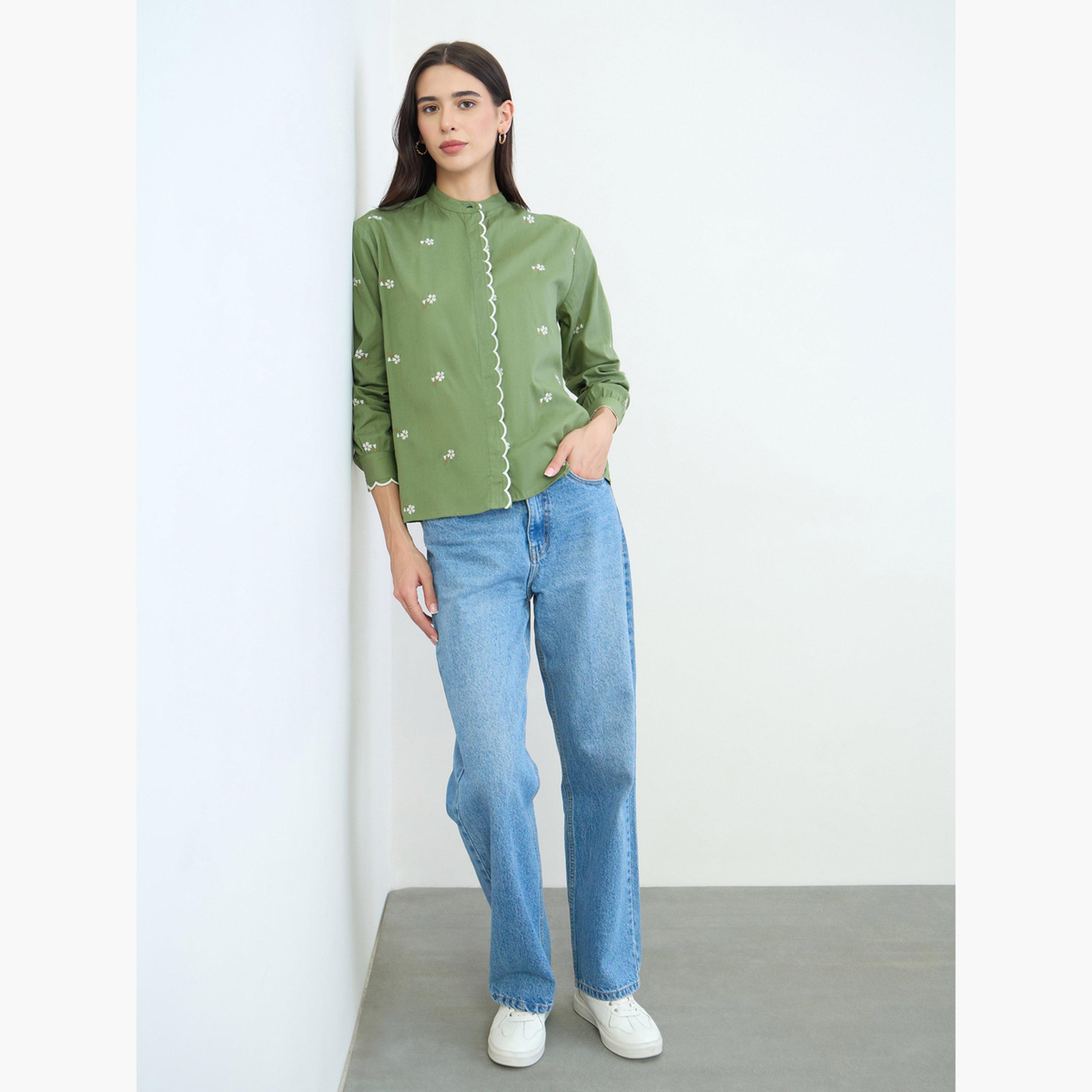 Styli Green Embroidered Scalloped Detail Mandarin Collar Top-women-clothing-shirtsandblouses-blouses-image-2