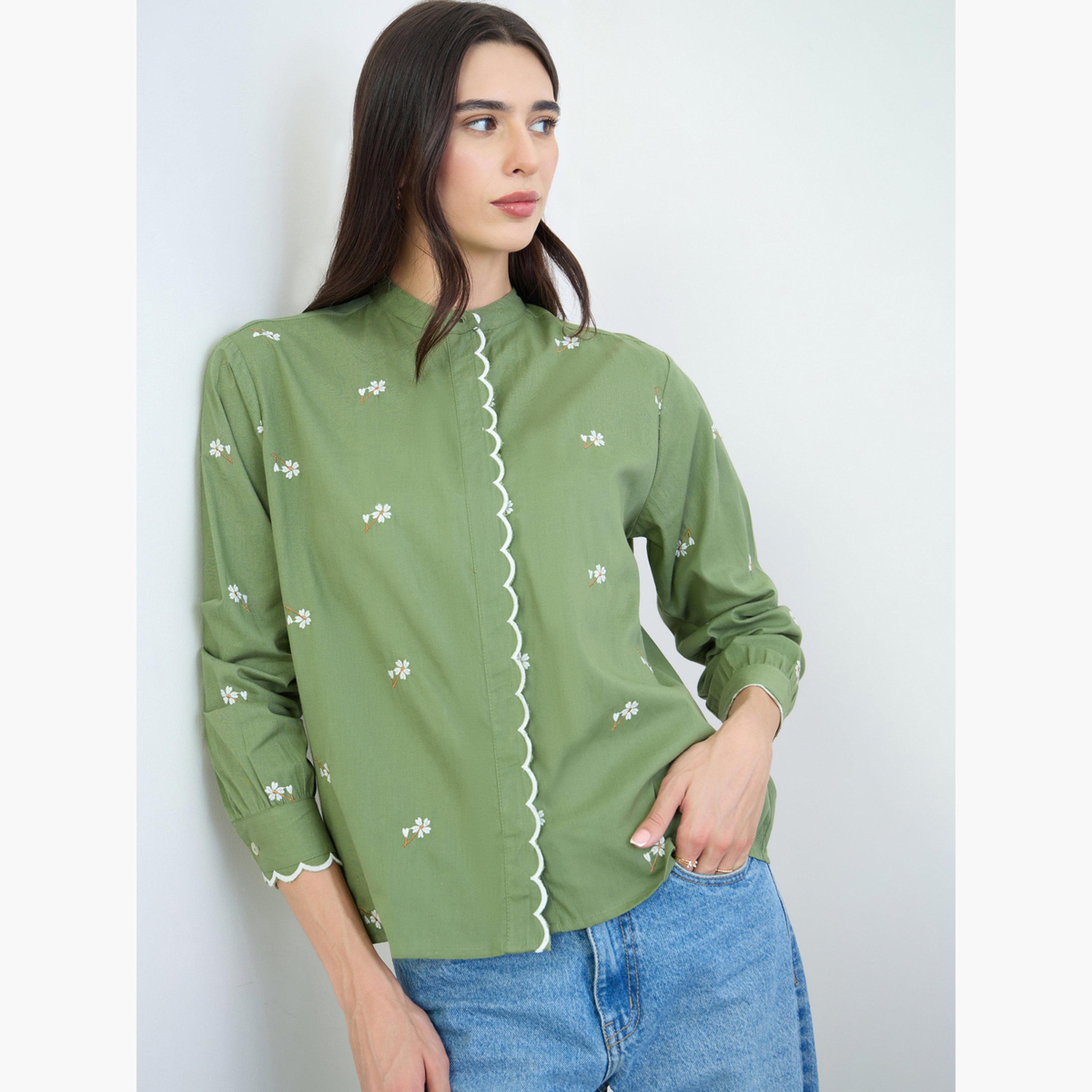Styli Green Embroidered Scalloped Detail Mandarin Collar Top-women-clothing-shirtsandblouses-blouses-image-3