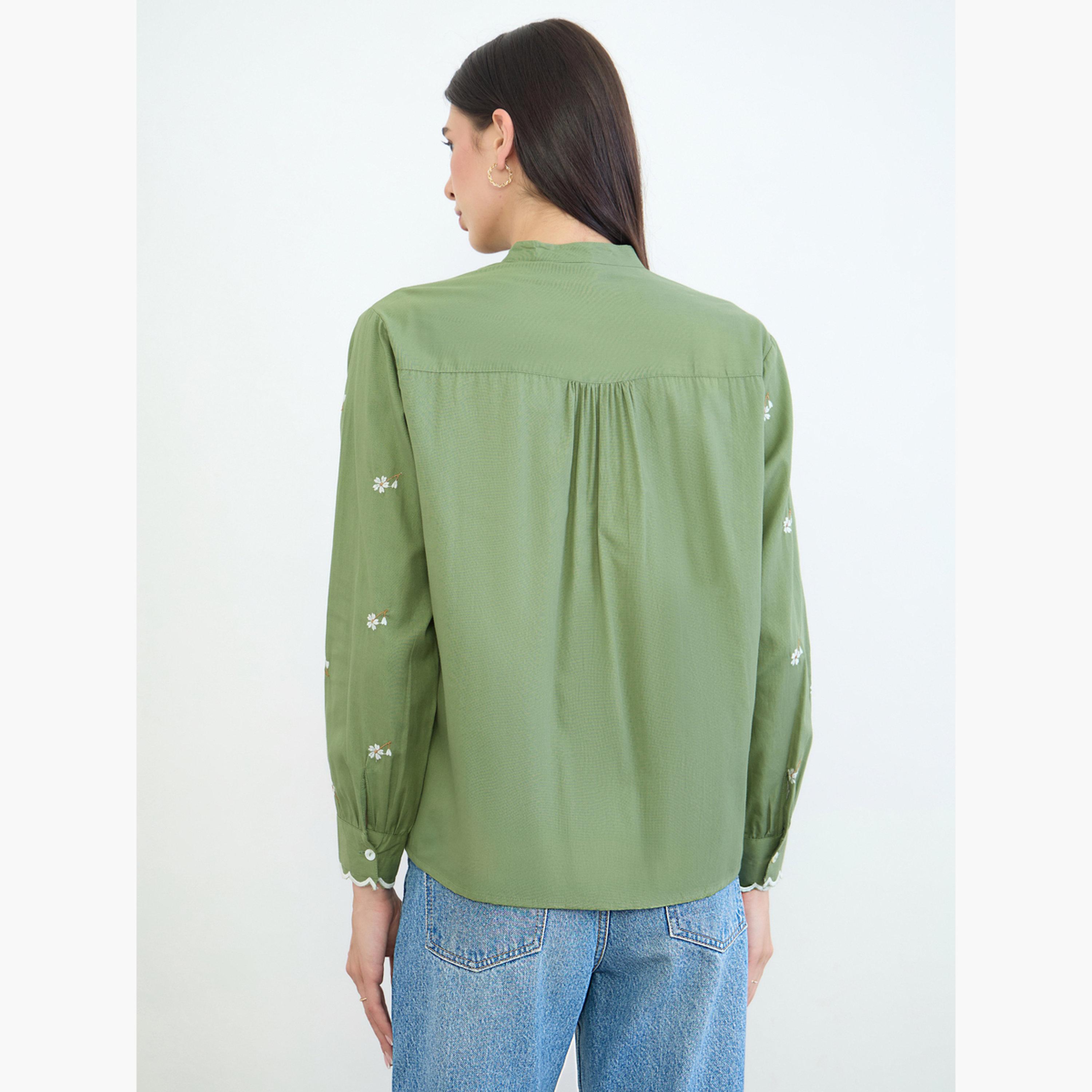 Styli Green Embroidered Scalloped Detail Mandarin Collar Top-women-clothing-shirtsandblouses-blouses-image-4