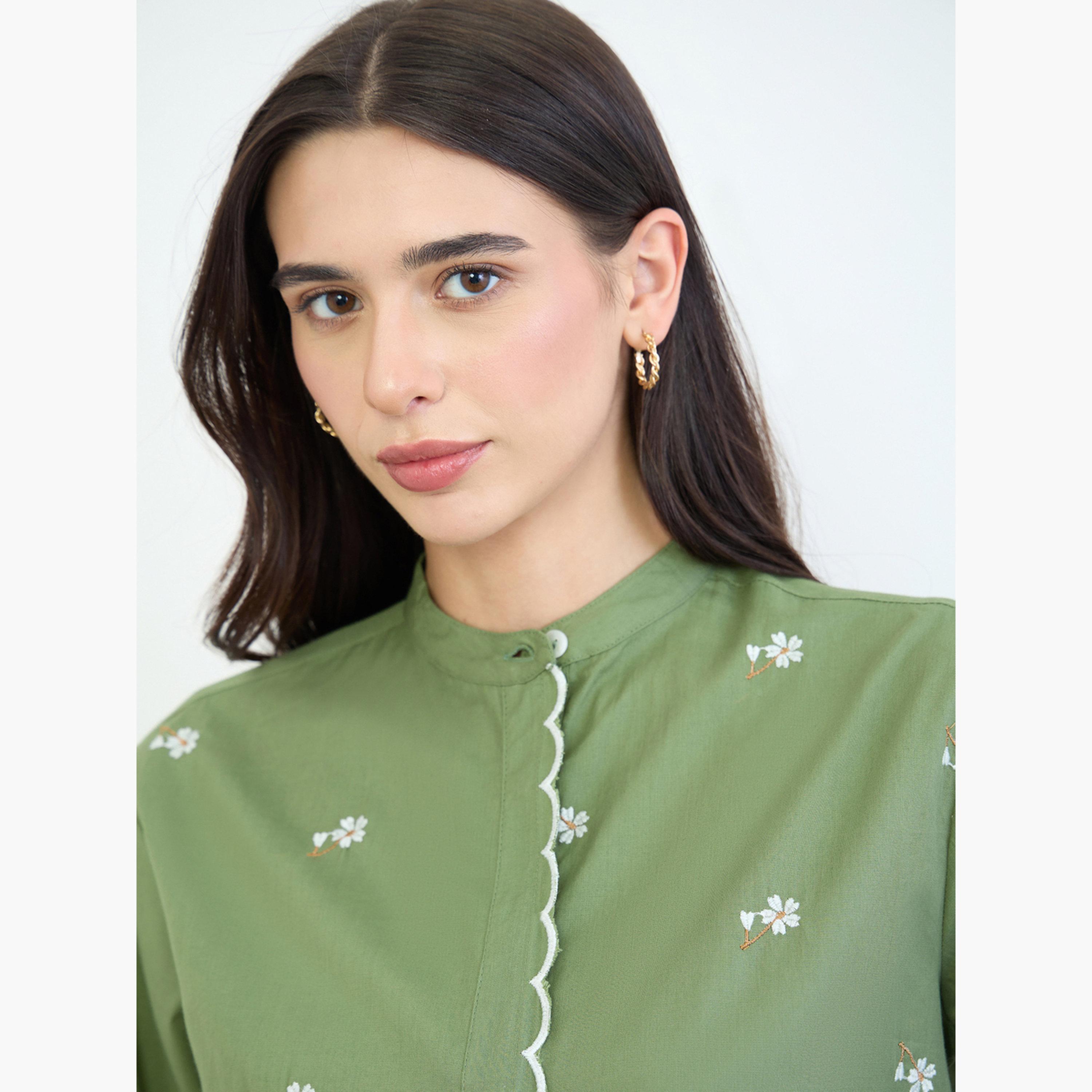 Styli Green Embroidered Scalloped Detail Mandarin Collar Top-women-clothing-shirtsandblouses-blouses-image-5