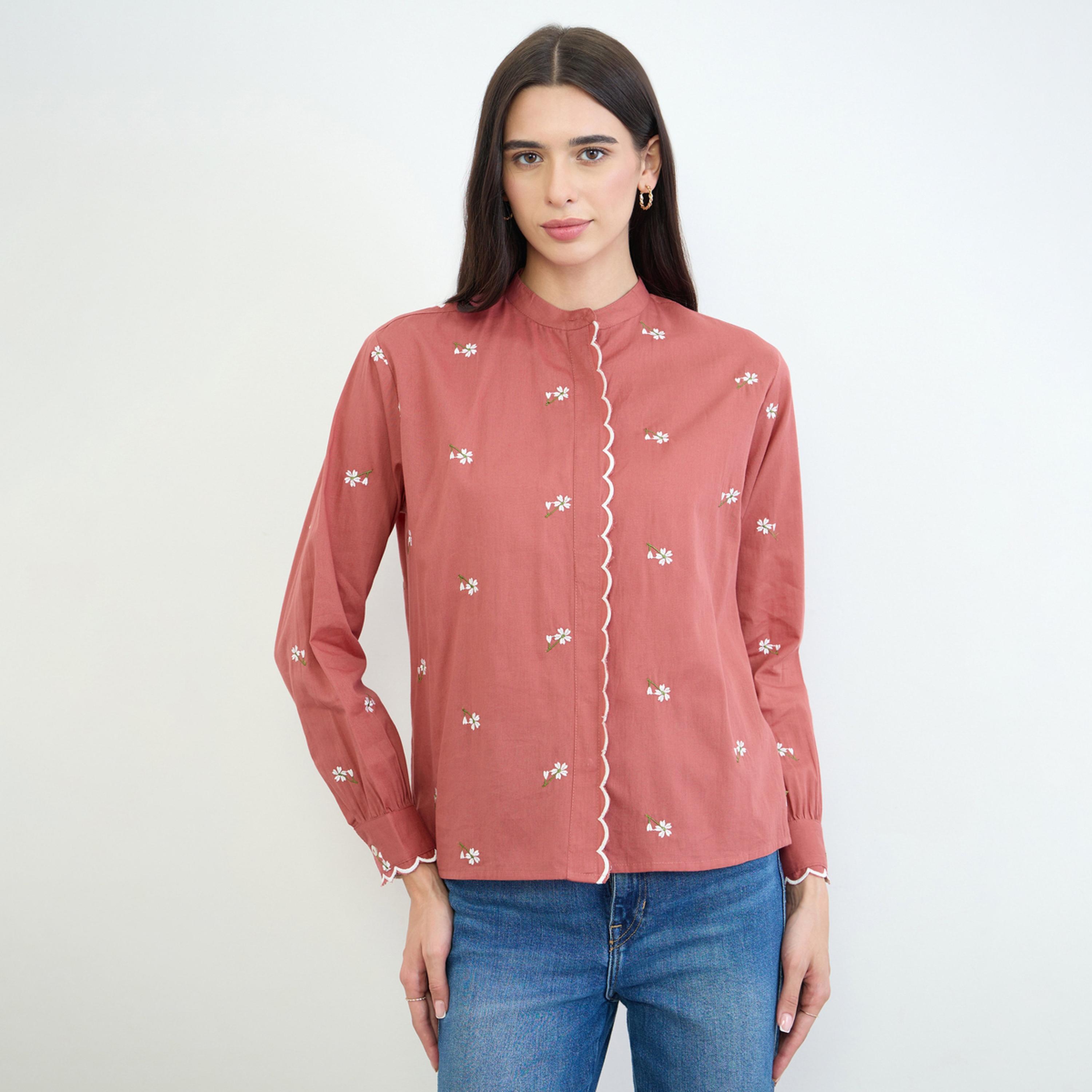 Styli Rust Embroidered Scalloped Detail Mandarin Collar Top-women-clothing-shirtsandblouses-blouses-image-1