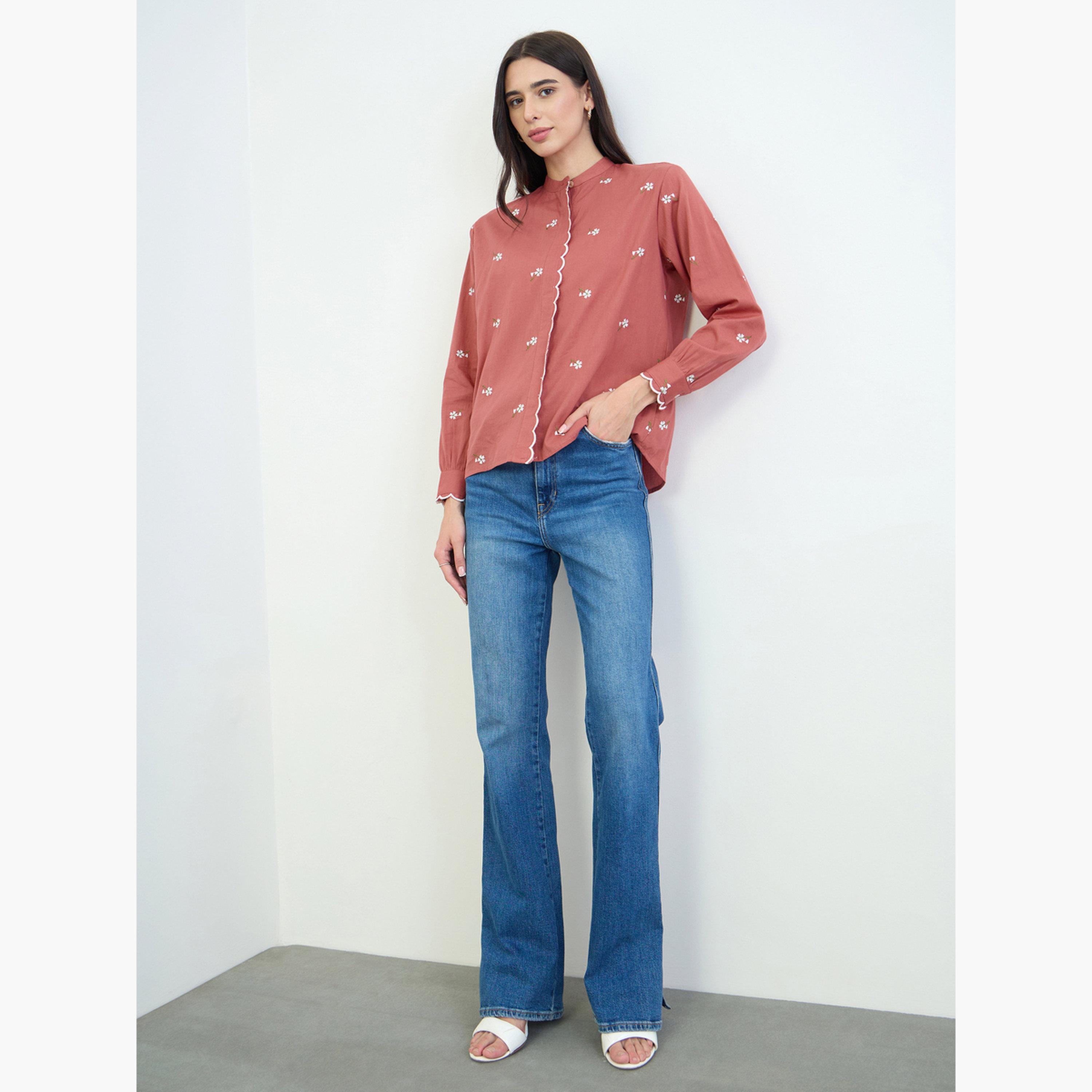 Styli Rust Embroidered Scalloped Detail Mandarin Collar Top-women-clothing-shirtsandblouses-blouses-image-2