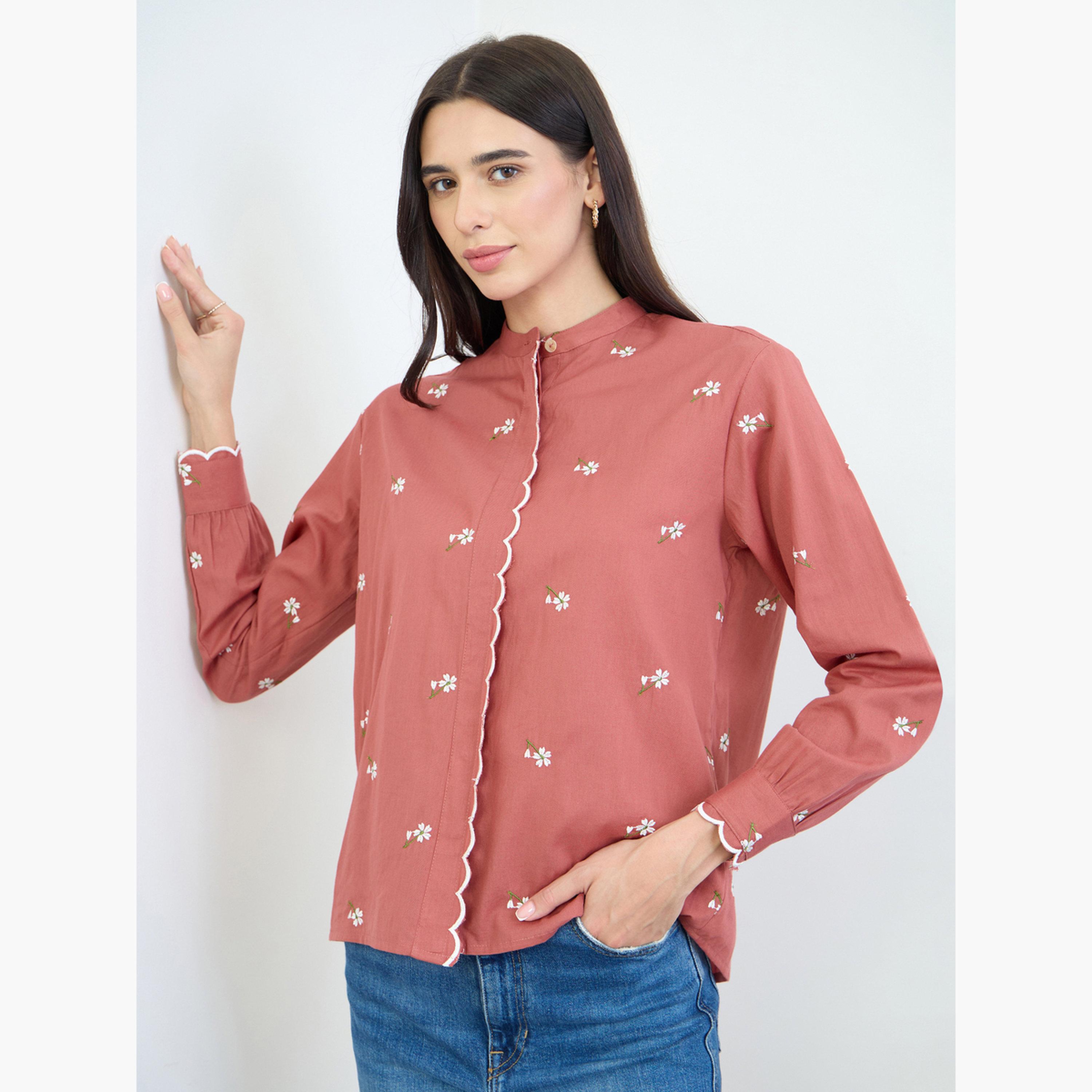 Styli Rust Embroidered Scalloped Detail Mandarin Collar Top-women-clothing-shirtsandblouses-blouses-image-3