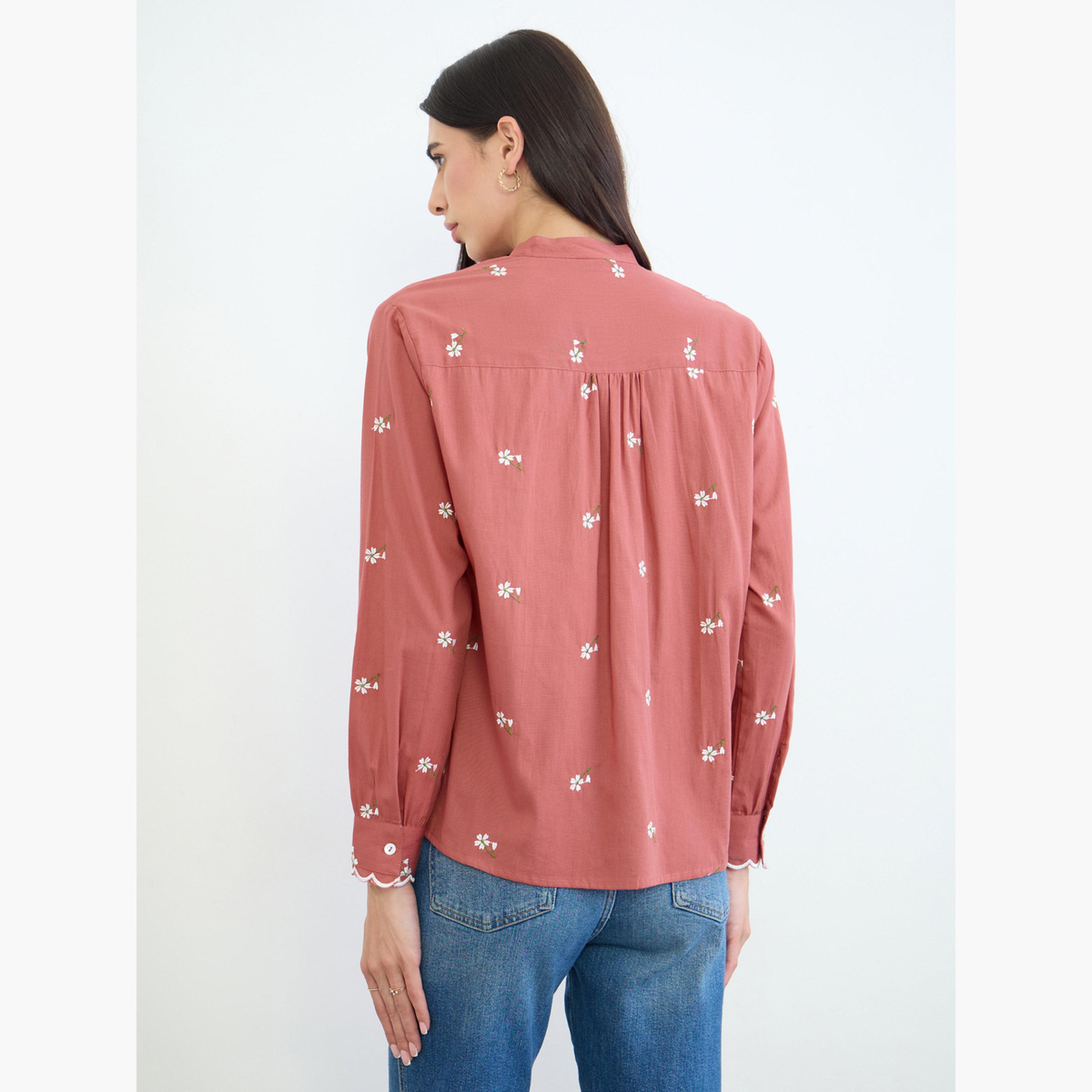 Styli Rust Embroidered Scalloped Detail Mandarin Collar Top-women-clothing-shirtsandblouses-blouses-image-4