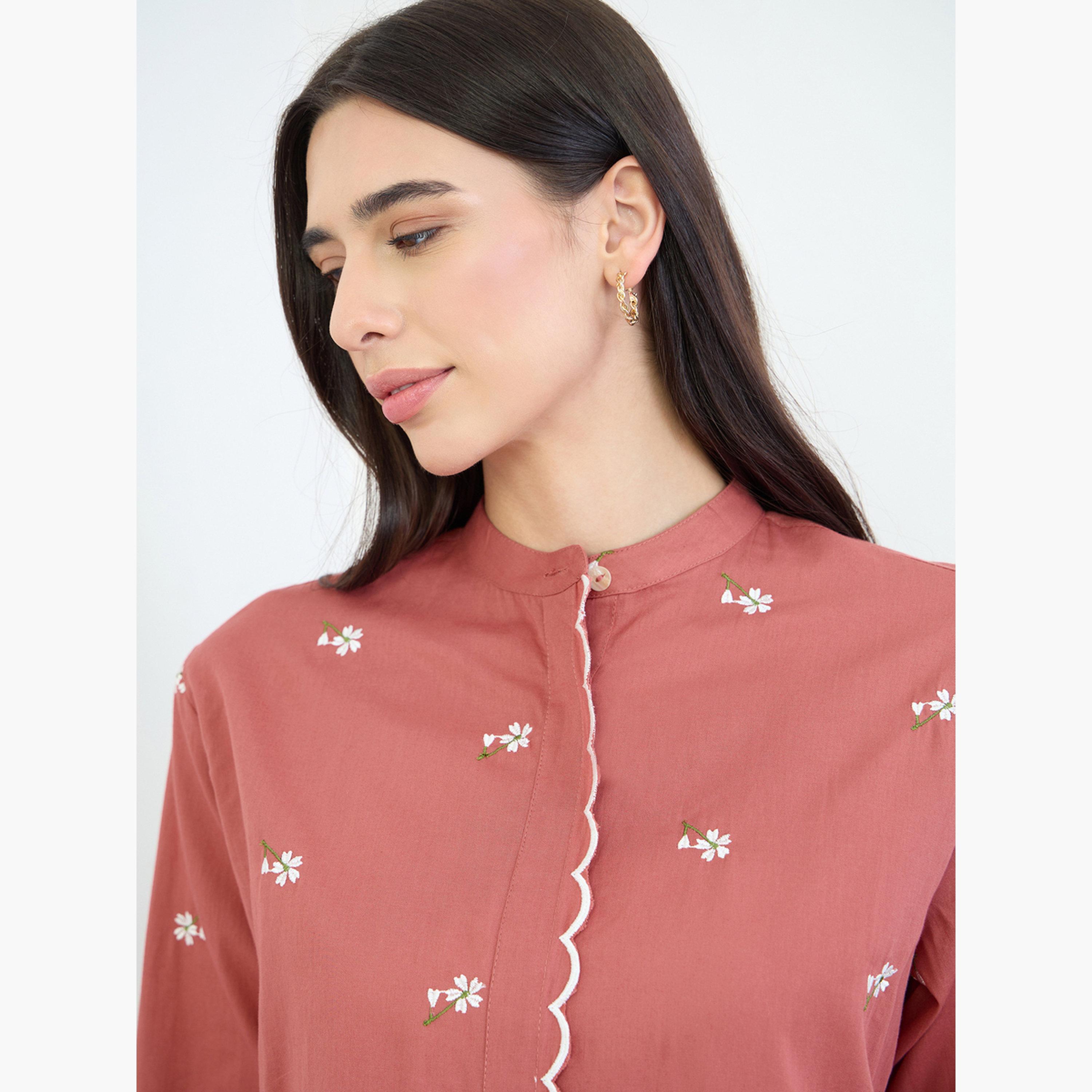 Styli Rust Embroidered Scalloped Detail Mandarin Collar Top-women-clothing-shirtsandblouses-blouses-image-5
