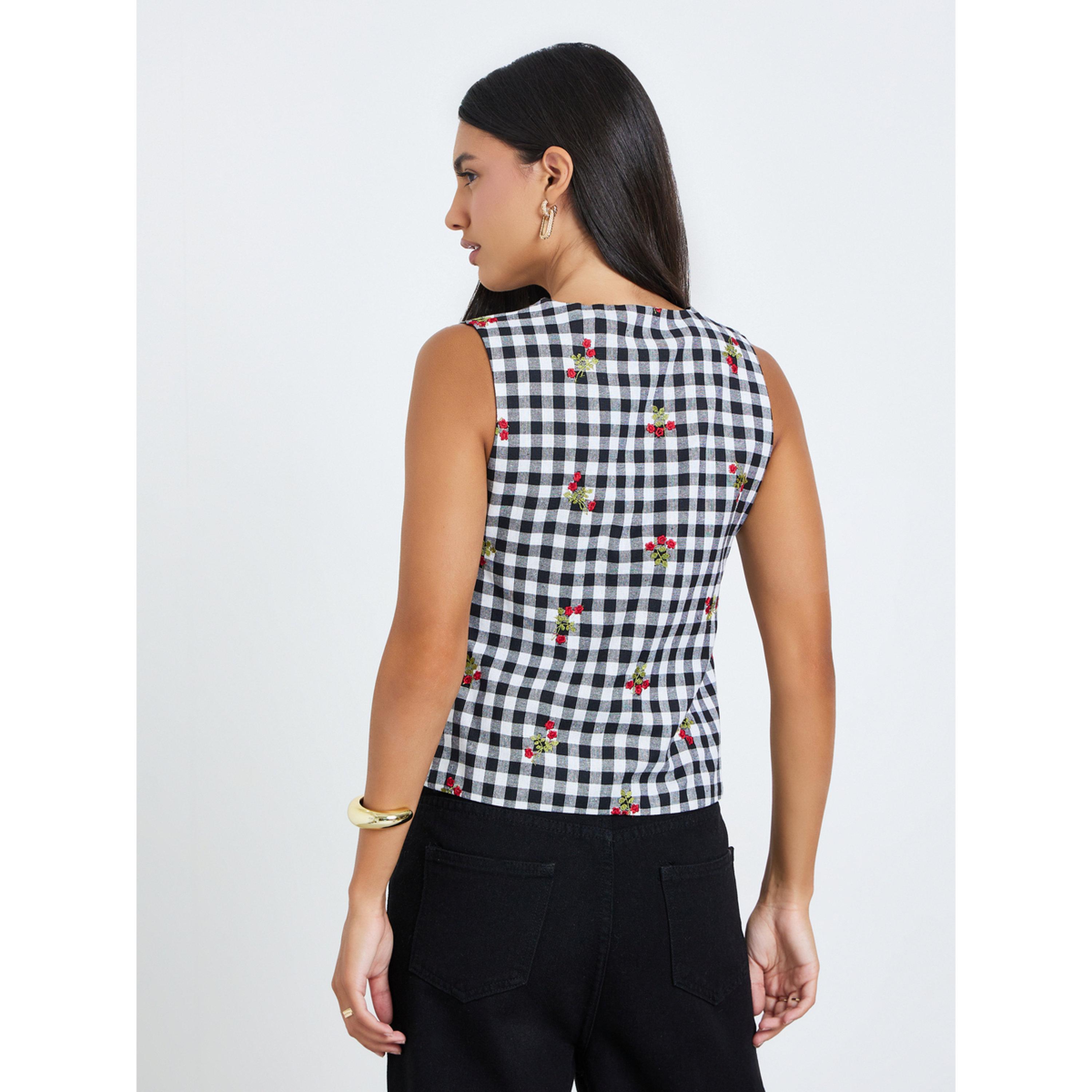 Styli Black Gingham Sleeveless Waistcoat-women-clothing-tshirts-image-4