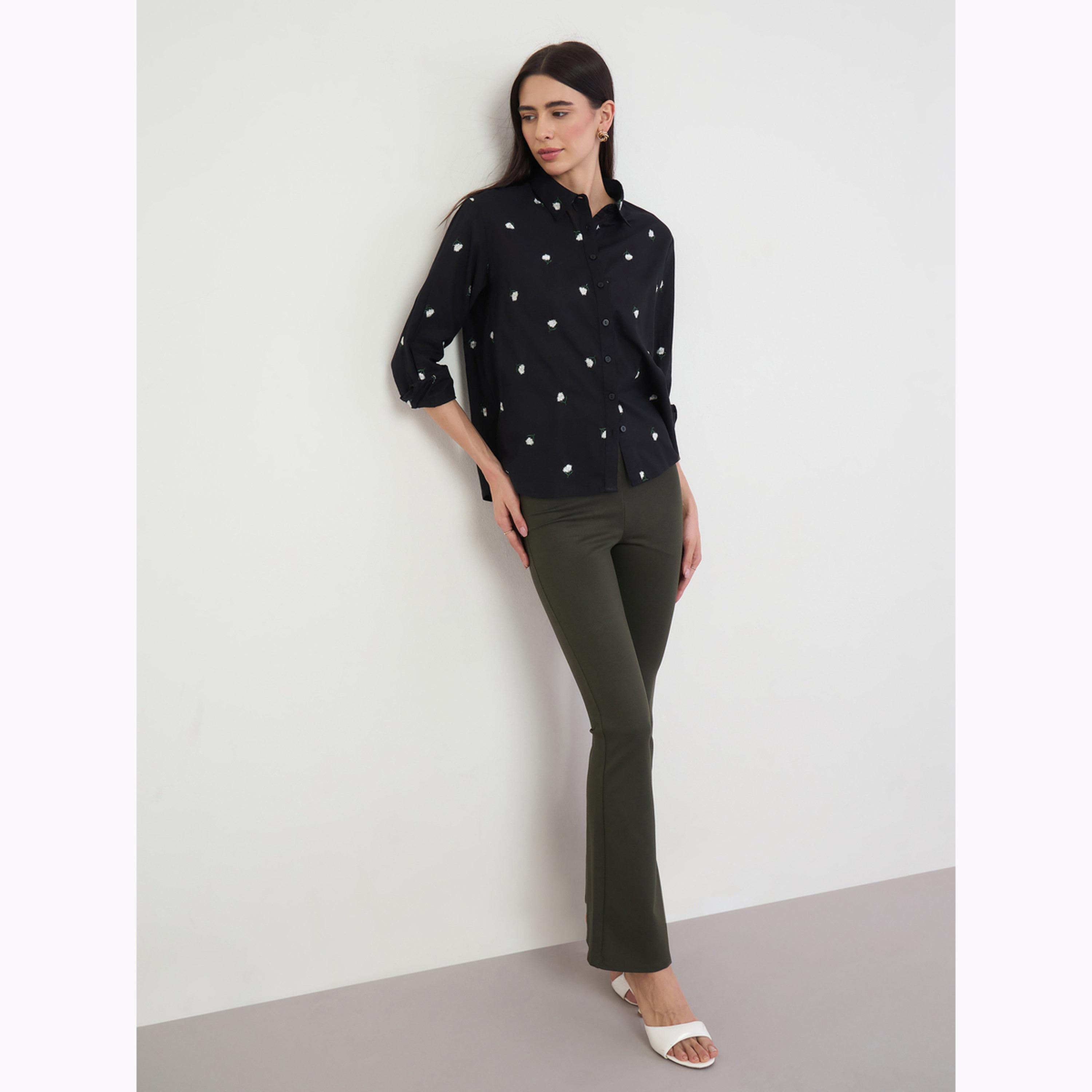 Styli Black Floral Embroidered 3/4 Sleeve Shirt-women-clothing-shirtsandblouses-shirts-image-2