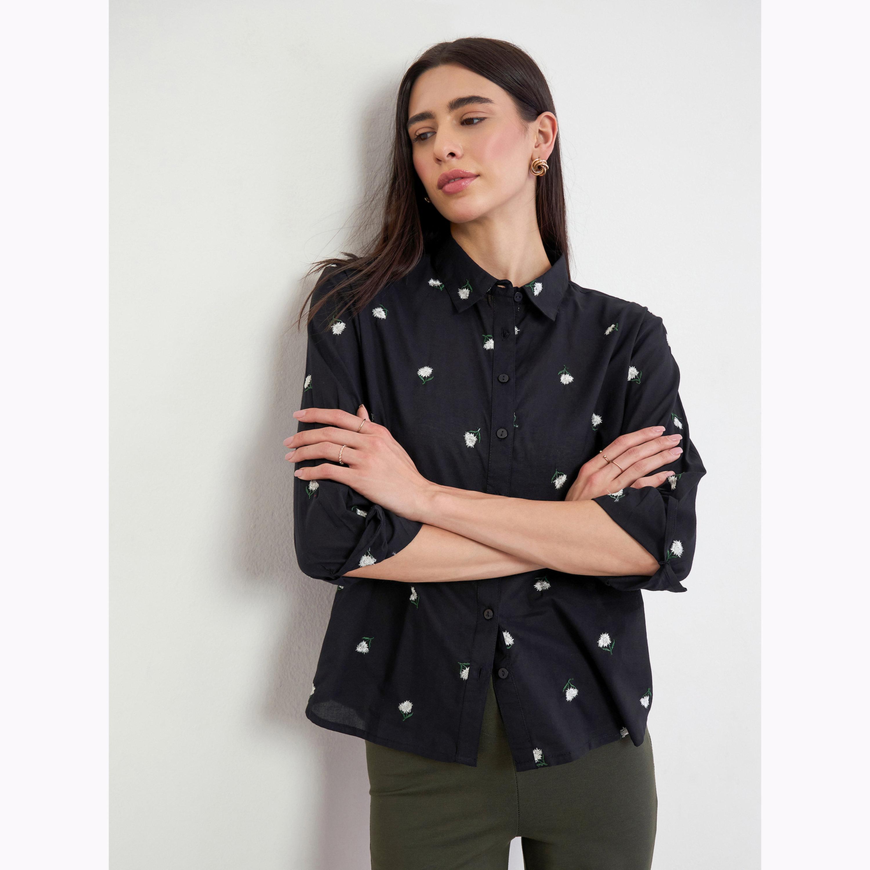 Styli Black Floral Embroidered 3/4 Sleeve Shirt-women-clothing-shirtsandblouses-shirts-image-3