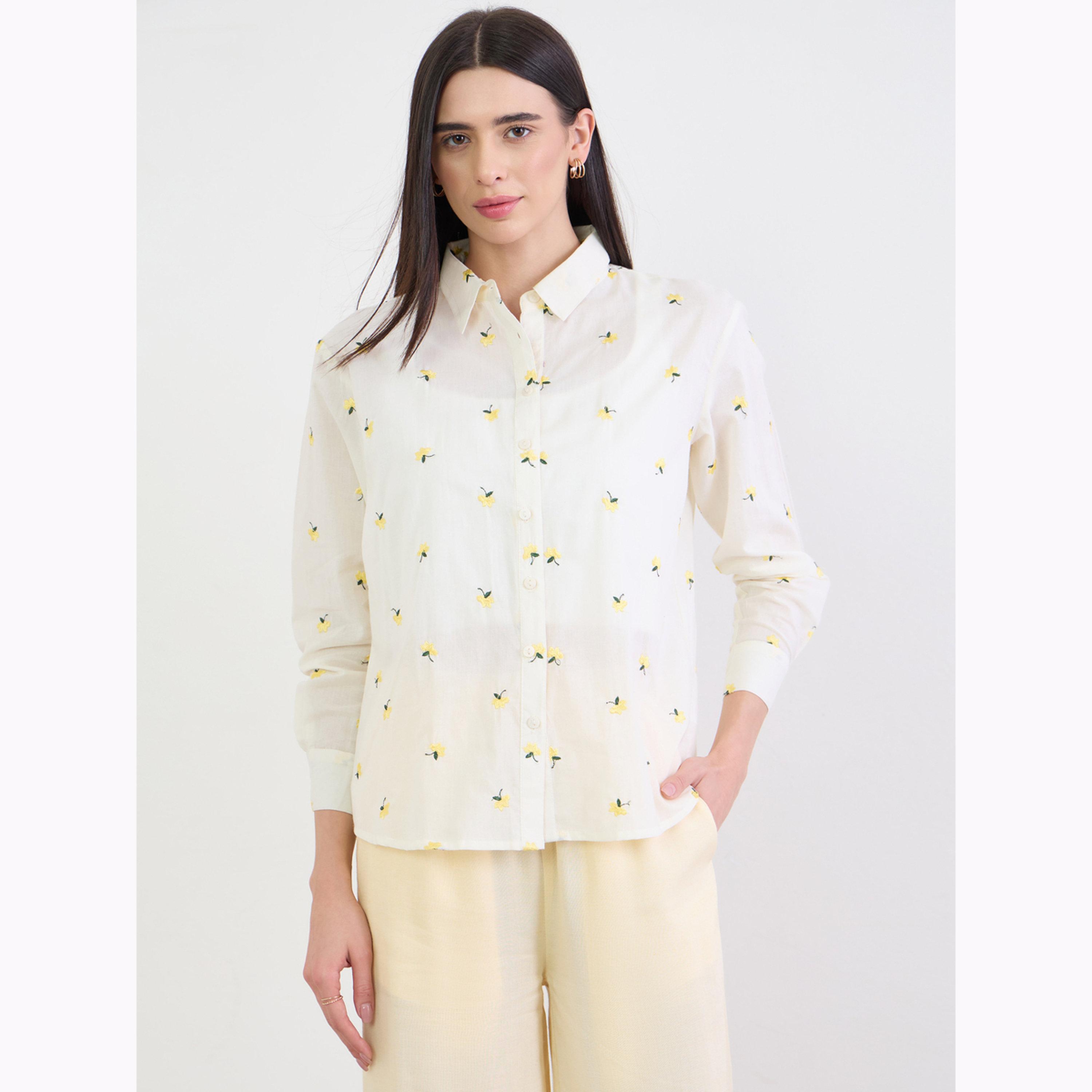 Styli Off-White Oversized Floral Embroidered Shirt-women-clothing-shirtsandblouses-shirts-image-1