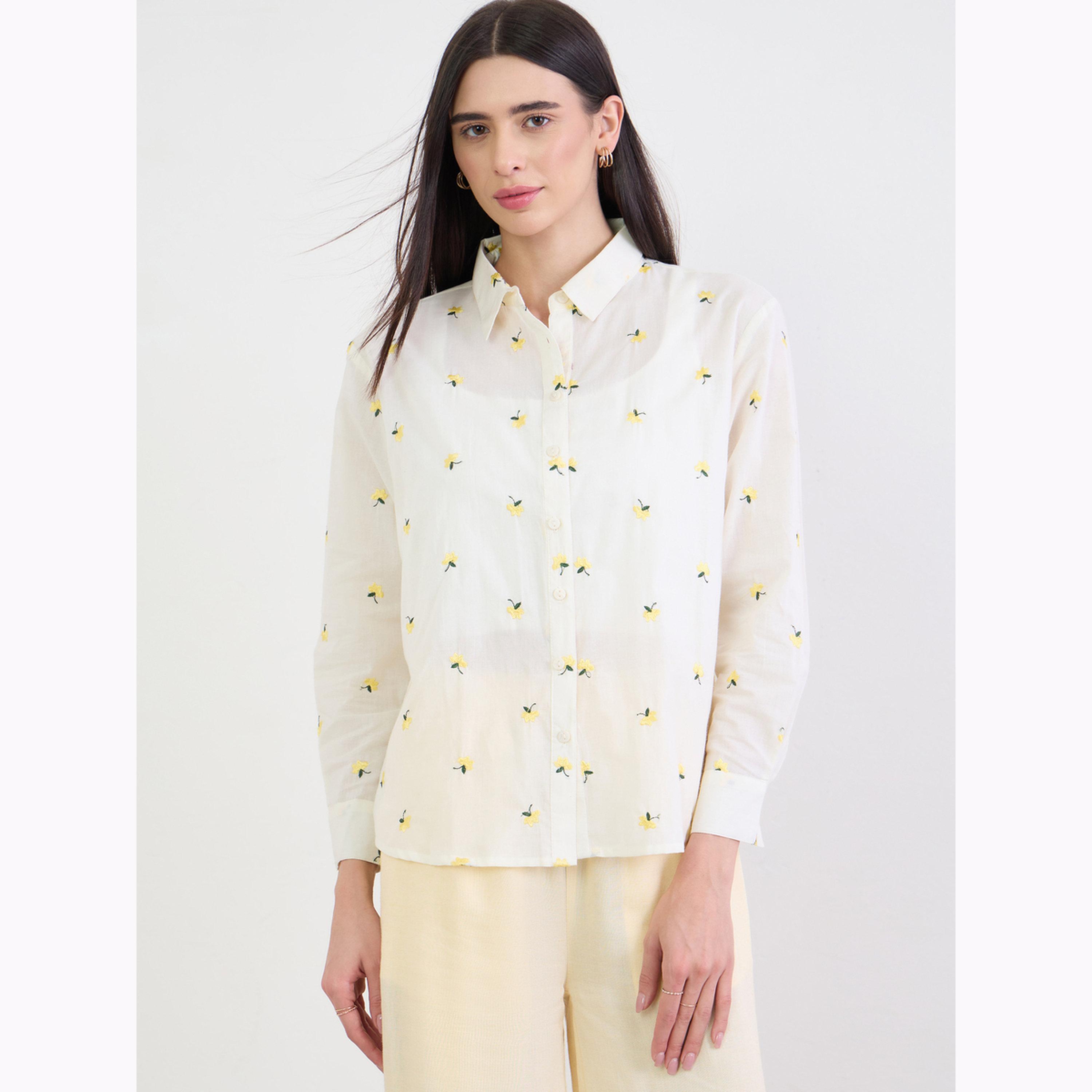 Styli Off-White Oversized Floral Embroidered Shirt-women-clothing-shirtsandblouses-shirts-image-4